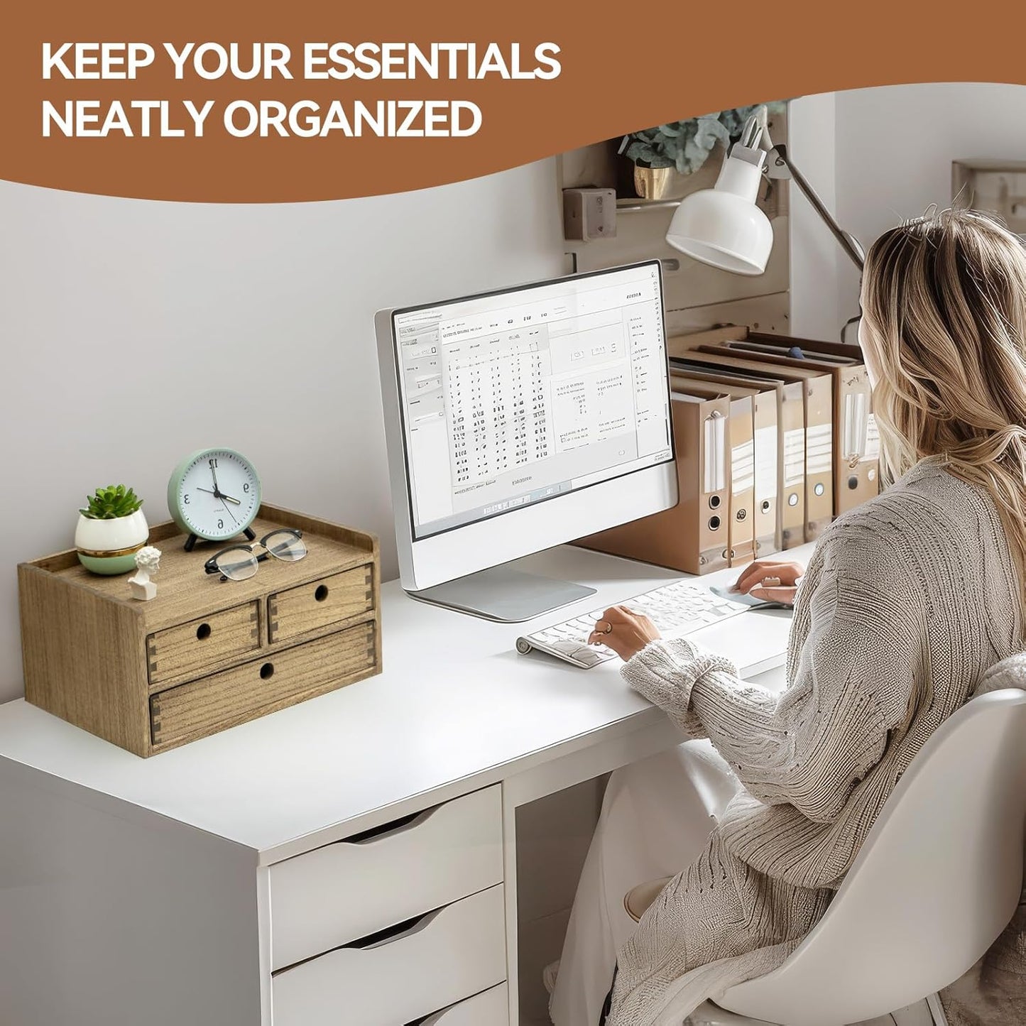 KIRIGEN Desk Organizer with Drawers - Wood Drawer Storage Box with Trays for Tabletop - Workspace Office Toiletries Supplies Tool Caddy - Wooden Storage Cabinet Dark Brown(DT2D3C-DBR)