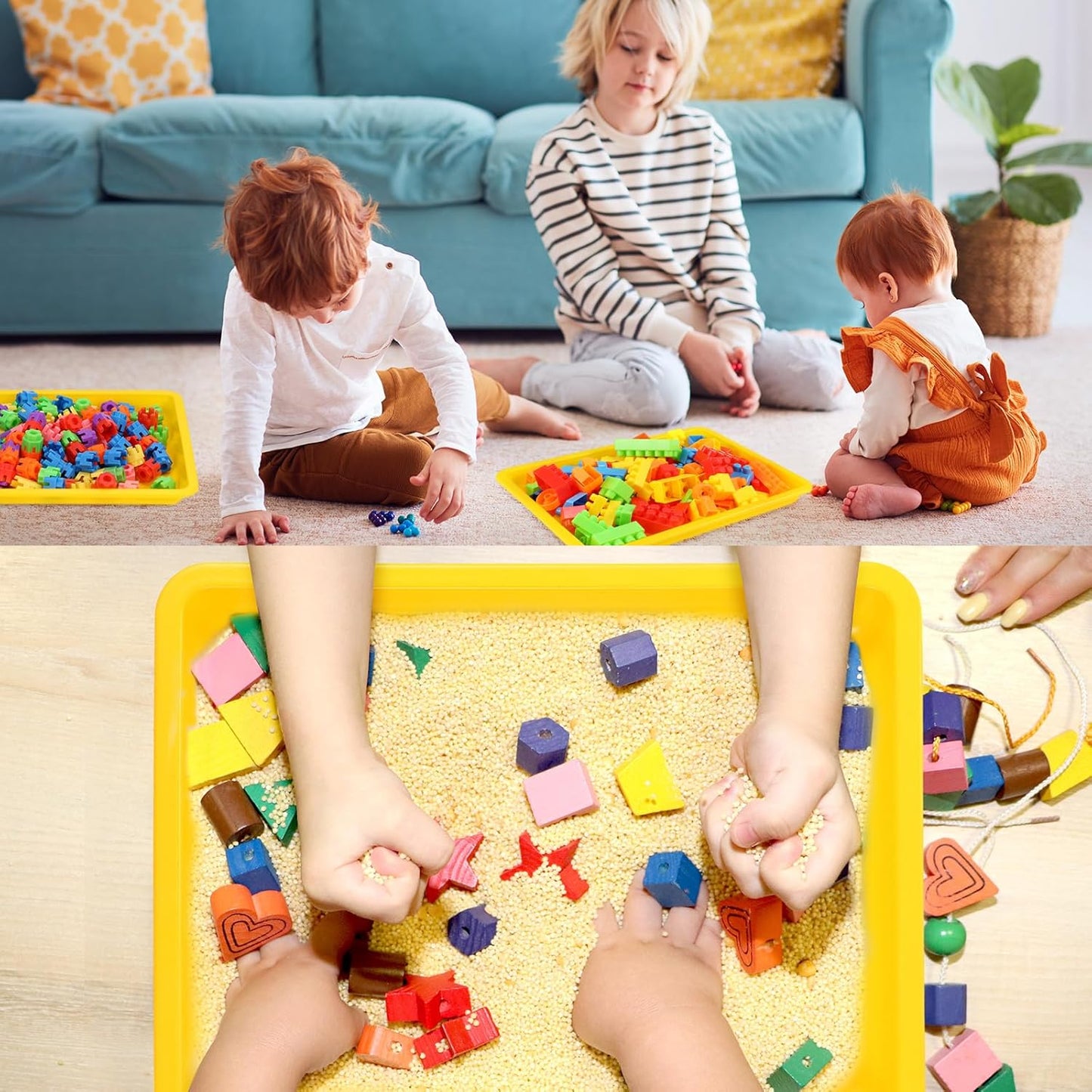 Maitys 24 Pcs Plastic Art Trays 11 x 8.7 x 1 Inch Activity Craft Tray Organizer Serving Tray Stackable Storage Sand Trays for School Painting Beads Crafts DIY Projects(Yellow)