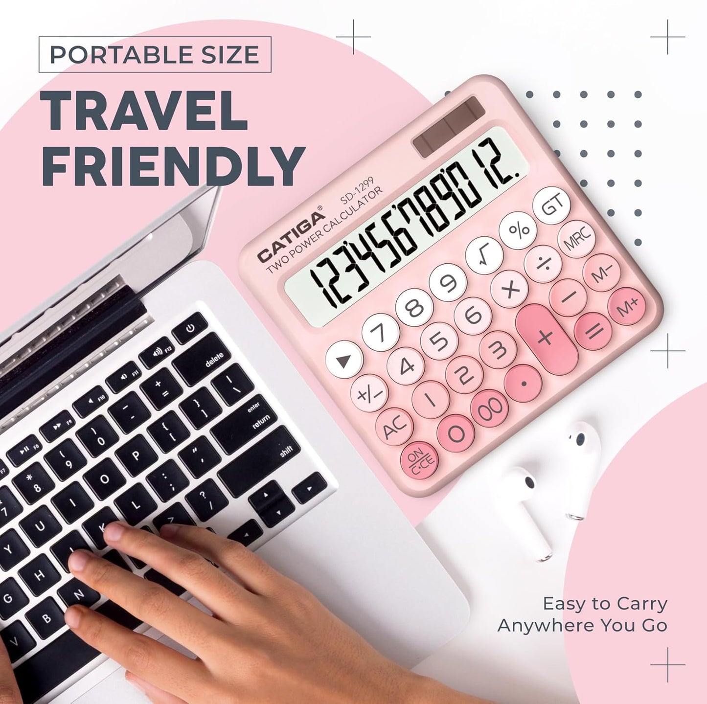 CATIGA Mechanical Switch Calculator with Solar and Battery Dual Power, 12-Digit Large LCD Display, Aesthetic and Cute Desktop Calculator with Big Button, for Home, School and Office Use, SD-1299