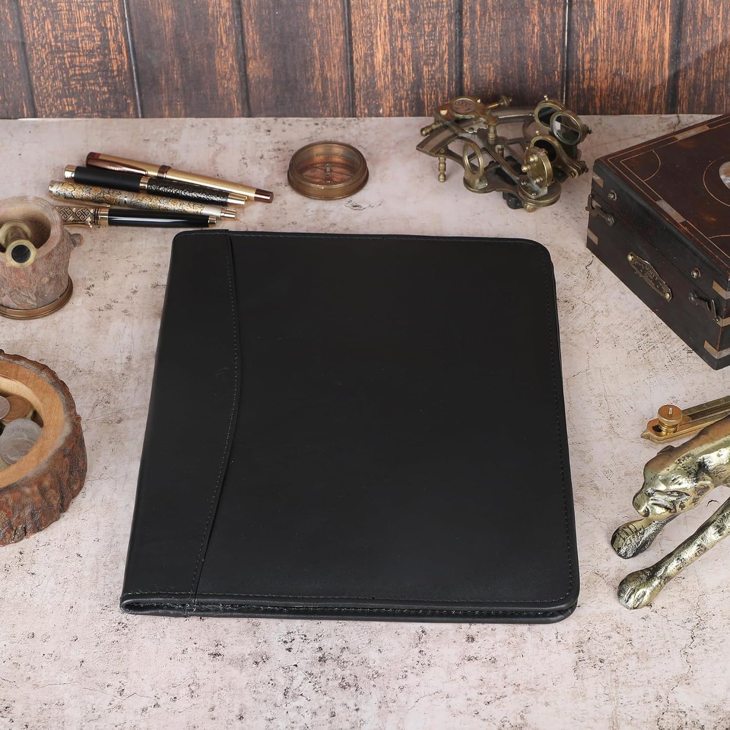 Heavy Duty Buffalo Leather Legal Pad Portfolio Handmade Executive Notebook Binder, Professional Padfolio Organizer Gift for Men and Women Genuine Leather Resume Document Holder (Black)