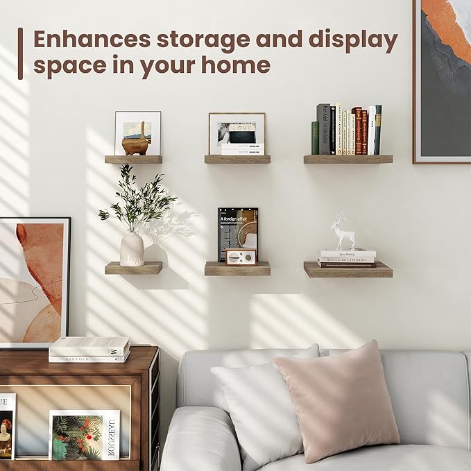 Fun Memories Square Floating Shelves for Wall - 12 Inch Deep Floating Shelves with Invisible Brackets, Grey Small Wall Shelf for Living Room, Bathroom, Bedroom, and Kitchen Decor,Set of 4