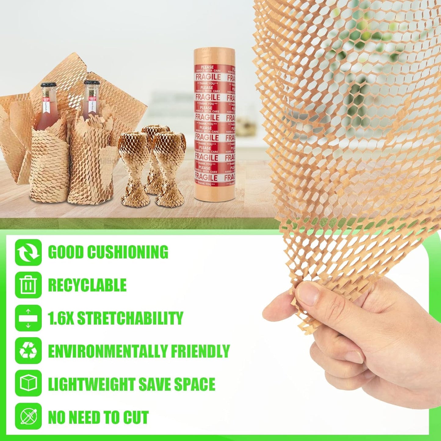 Honeycomb Packing Paper, MINHAO 15"x165' Eco Friendly Packing Paper for Moving Recyclable Honeycomb Paper Moving Supplies Bubble Paper Wrapping Protective Roll, With 36 Fragile Sticker Labels