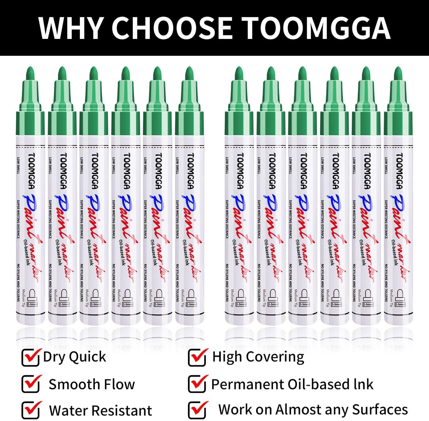 Green Permanent Paint Pens Paint Markers - 12 Pack Oil Based Markers, Quick Drying and Waterproof Marker Pen, Car Tire, Metal, Rock Painting, Wood, Fabric, Plastic, Canvas, Mugs