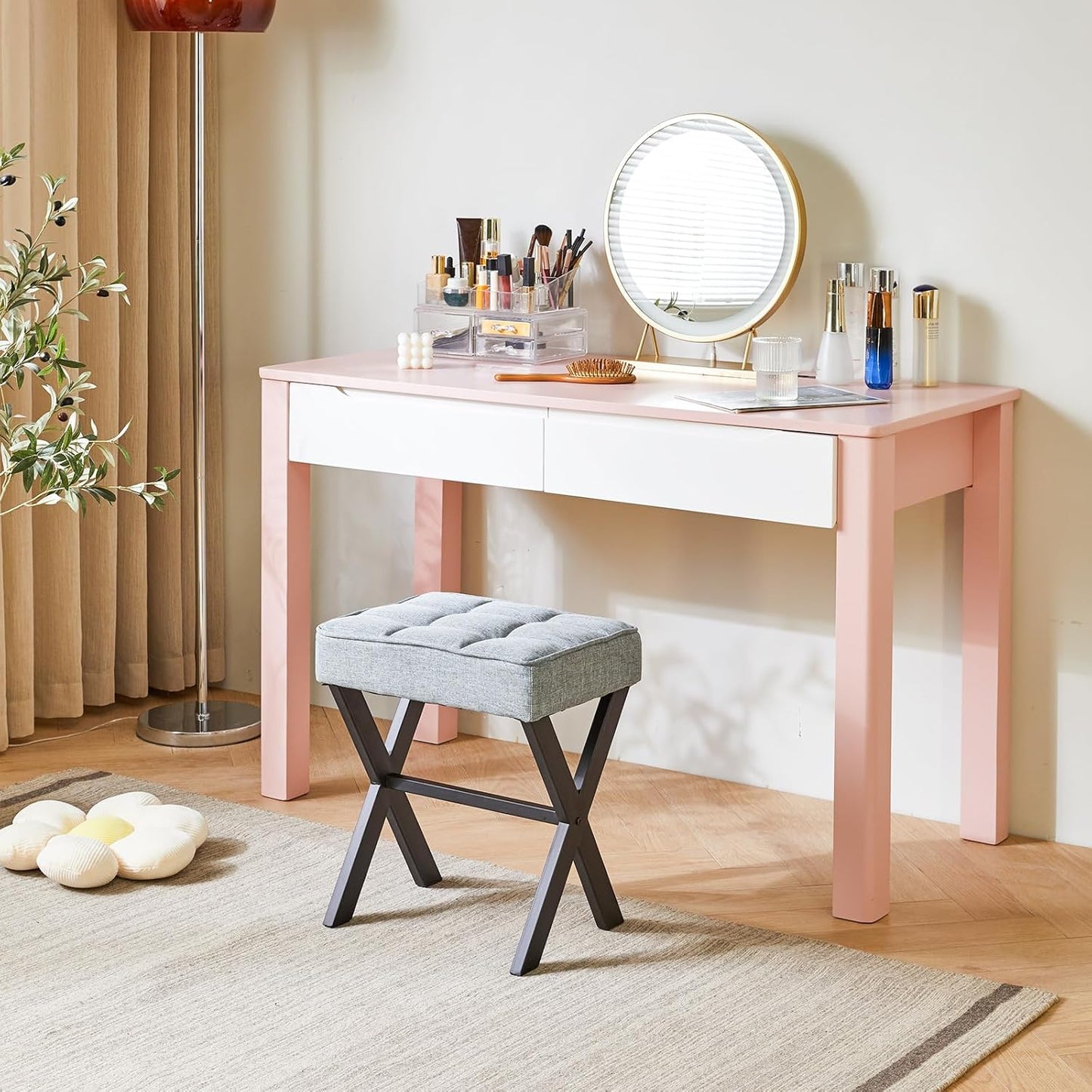 IBUYKE Square Makeup Stool with X-Leg Foot Rest, Linen Footrest, Ottoman Seat, Multi-Use as Small Side Table, for Bedroom, Living Room, Blue Gray LG-70L