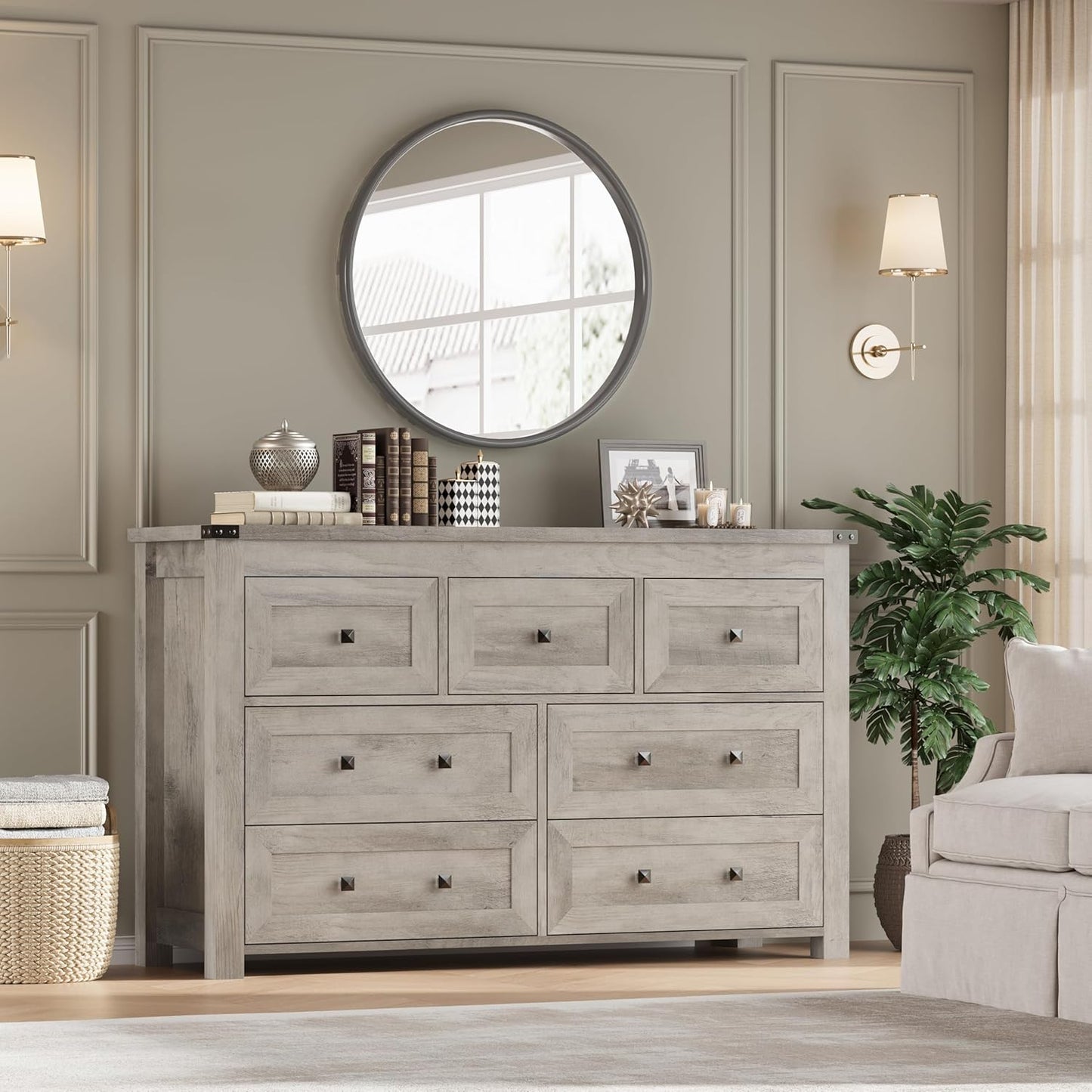 7-Drawer Dresser, Modern Wooden Storage Chest of Drawers, Dresser TV Stand, Wood Drawer Organizer with Metal Handles for Bedroom, Living Room, Hallway