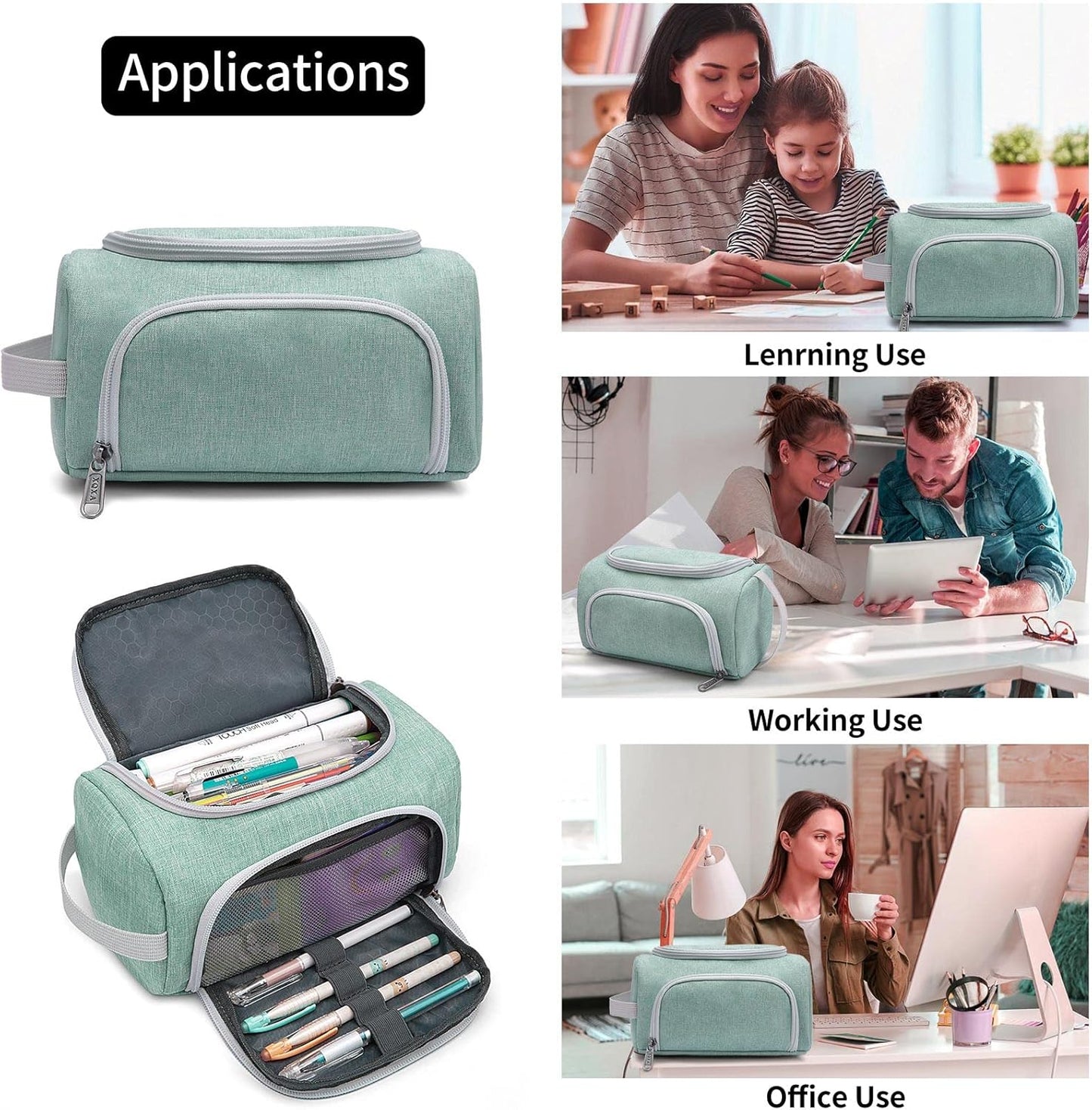 XQXA Extra Large Capacity Pencil Case Organizer, Multifunctional Pencil Pouch with Compartmens, Travel Simple Stationery Bag, Nylon Pencil Bag for Adults (Green)