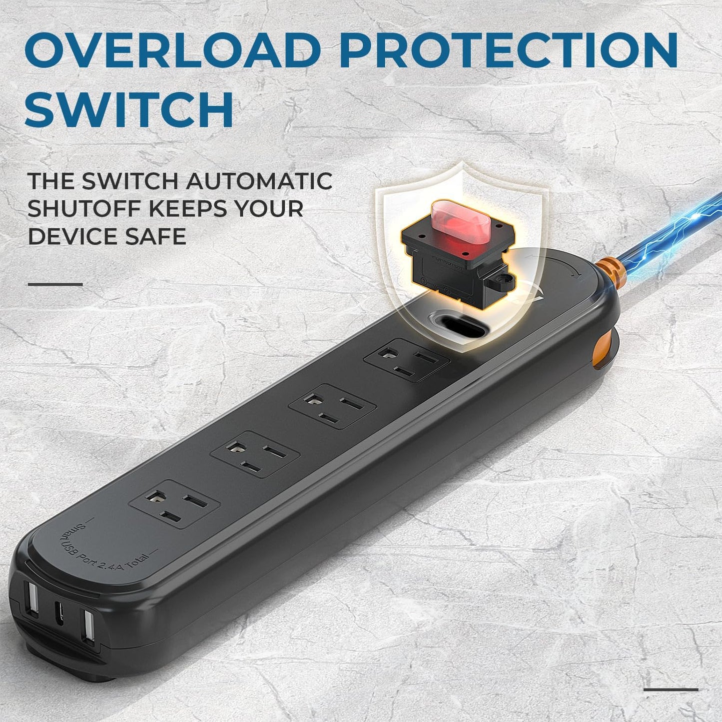 Outdoor Power Strip Weatherproof, 7-in-1 Surge Protector with 4 Wide Outlets 2USB A and 1USB C,1875W/15A, 6FT Flat Plug Multi-Plug Outdoor Extension Cord Waterproof for Indoor Outdoor, UL FCC Listed