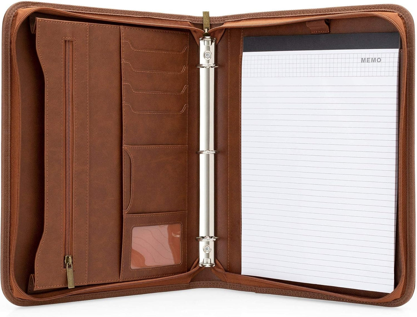 Portfolio Organizer - 3 Ring Binder with Notepad - 1.5 Inch Rings - Zippered Storage Pockets for Papers, Travel Documents, Presentation Folder, Cards, Passport, Tickets - Brown
