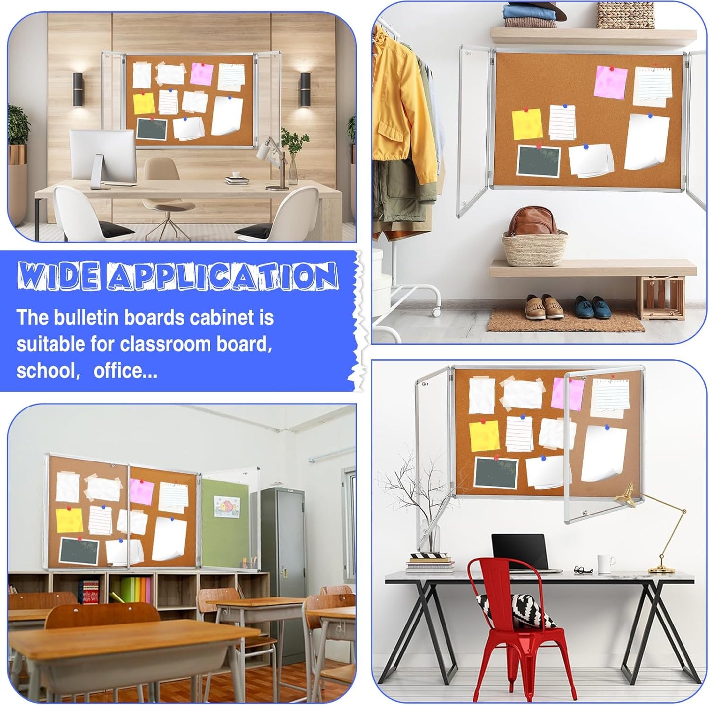 Enclosed Bulletin Board 48" x 36" Weather Resistant Lockable Notice Cork Display Board Wall Mounted 2 Locking Door for School Classroom Commercial Back to School, 12 x A4(Brown, Silver Frame)