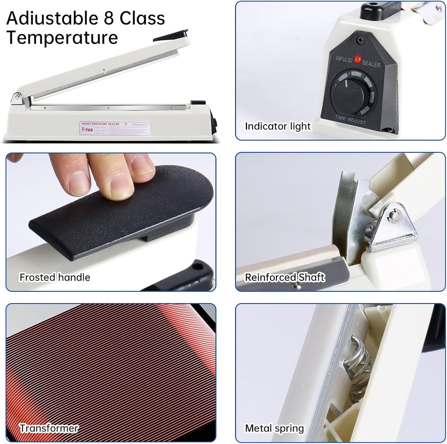 Impulse Heat Sealer with Cutter, Heavy-Duty Bag Sealing & Cutting Machine, 2 Extra Replacements (White, 16-Inch)