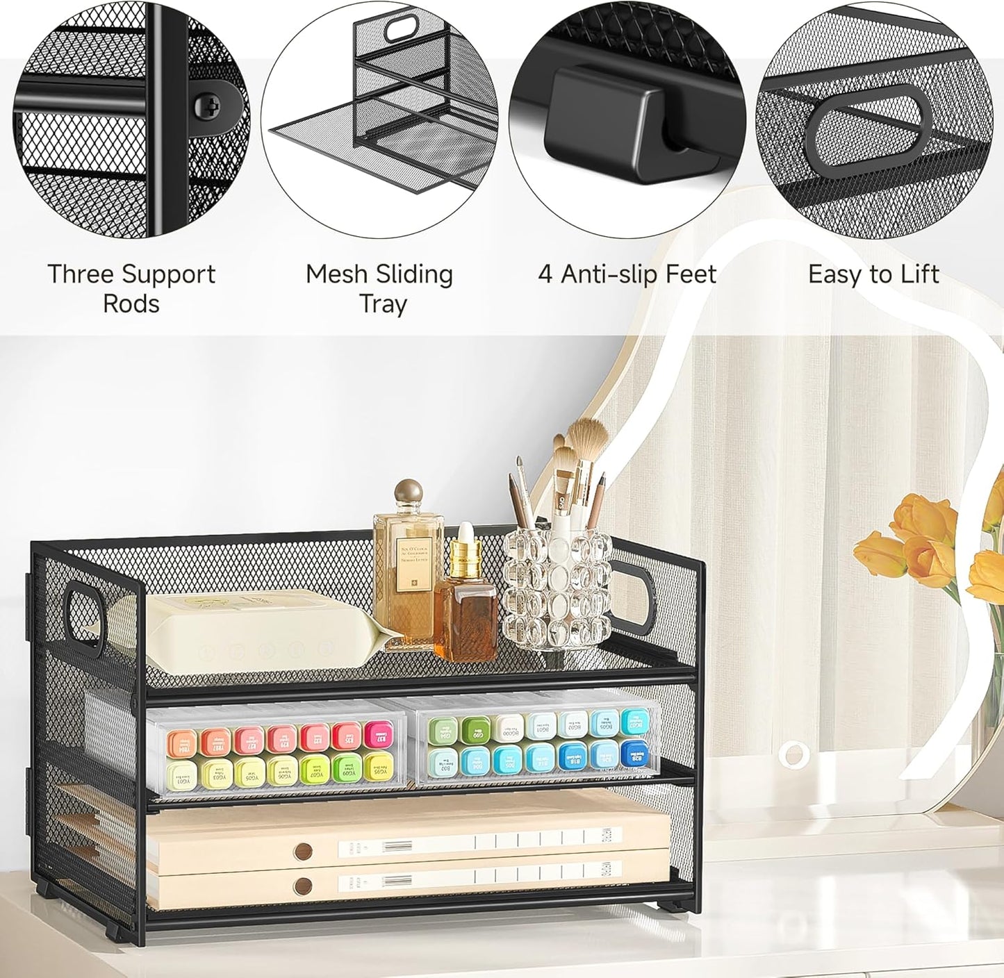 Subekyu 3 Tier Paper Letter Tray Organizer for Desk, Black Metal Mesh Desk File Folder Sorter Organizer with Handle and Sliding Tray for Home, Office, School Supplies Organization Storage