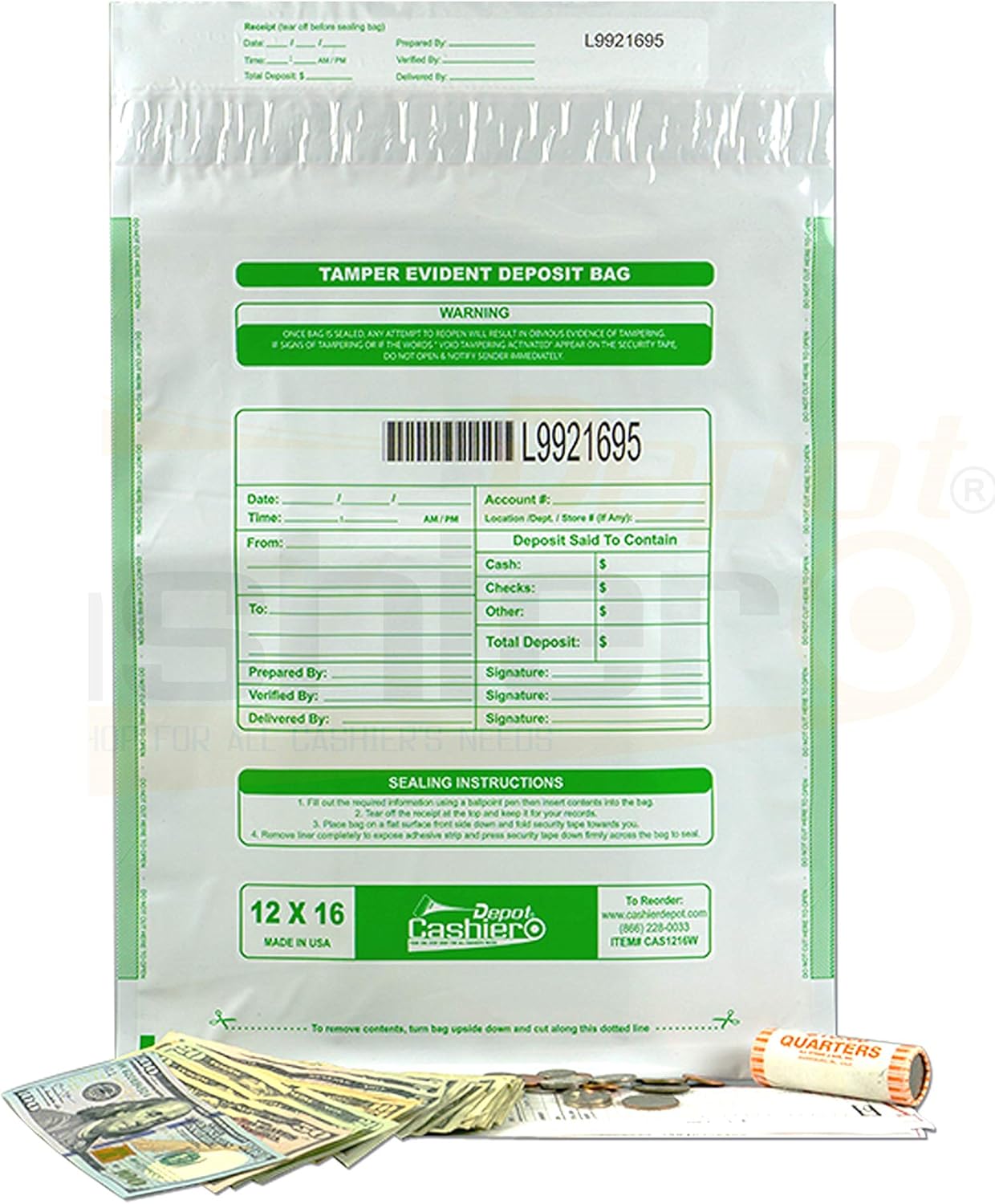 200 Cashier Depot Tamper Evident Bank Deposit Bags, 12" x 16" White/Opaque, Serialized Numbering, Barcode, Press & Seal Void Closure Tape (200 Bags)