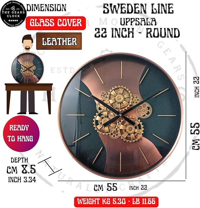 THE GEARS CLOCK 22'' Inch Real Moving Gear Wall Clock Sweden Line Uppsala (22 inches (55 cm))