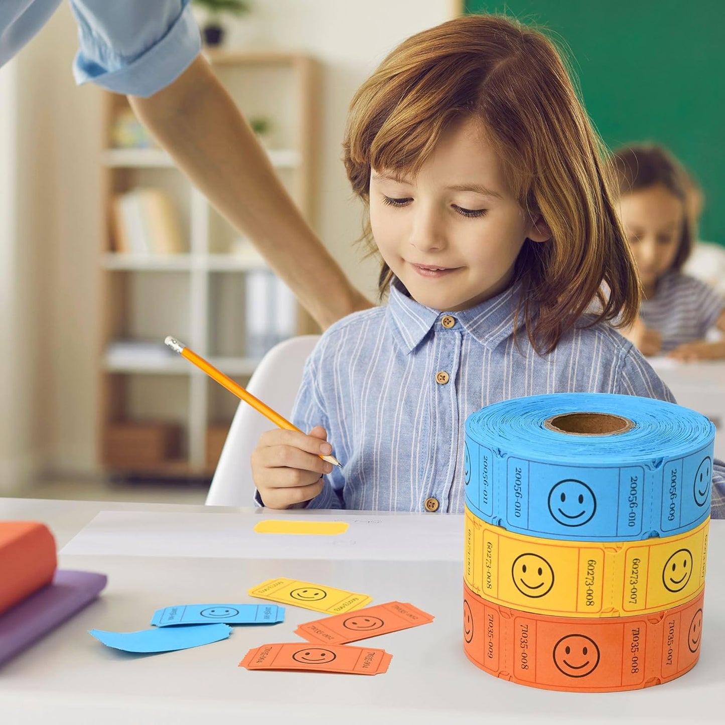 L LIKED 1500 Raffle Tickets Roll, 3 Assorted Colors, 1x2 Inch Smile Ticket for Events, Entry, Class Reward, Parties, Giveaways & Prizes (Yellow, Orange, Blue)