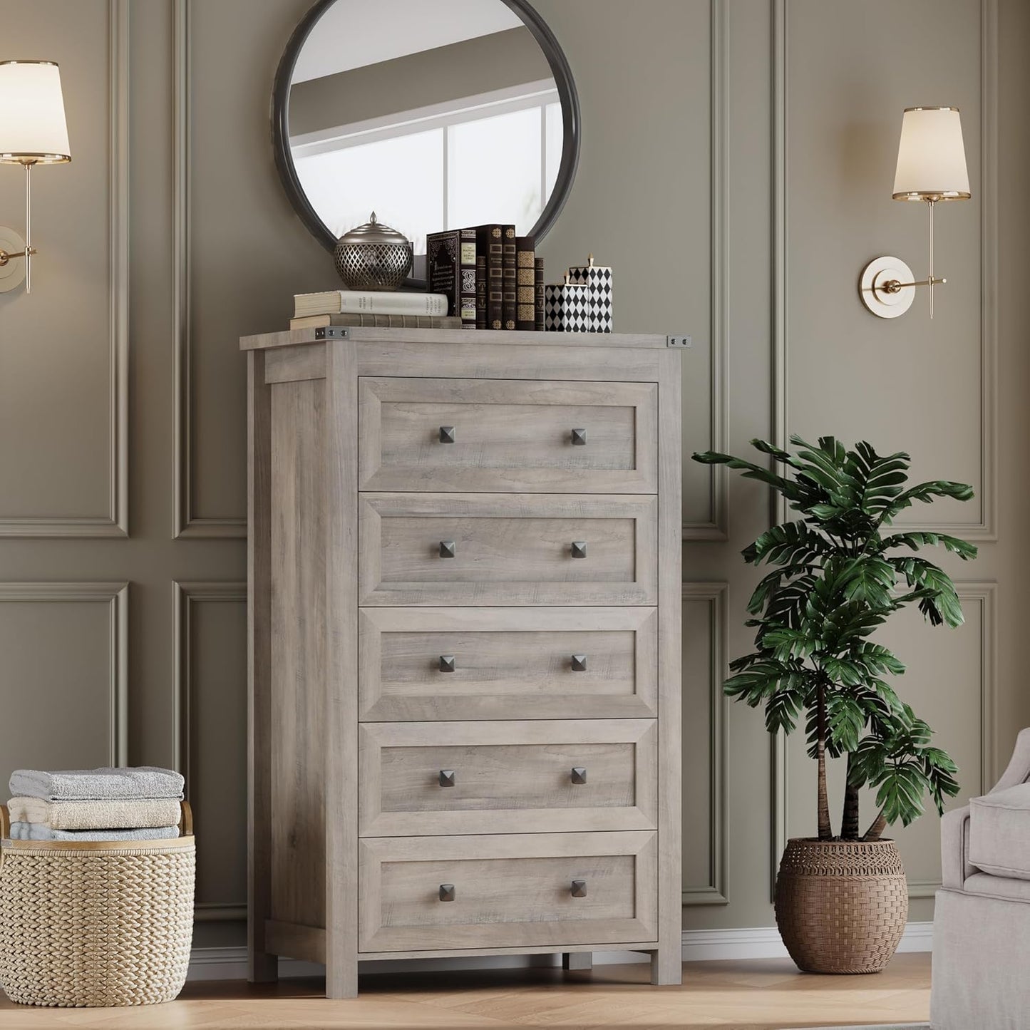 Tall 5-Drawer Dresser, Modern Wooden Storage Chest of Drawers, Dresser TV Stand, Wood Drawer Organizer with Metal Handles for Bedroom, Living Room, Hallway