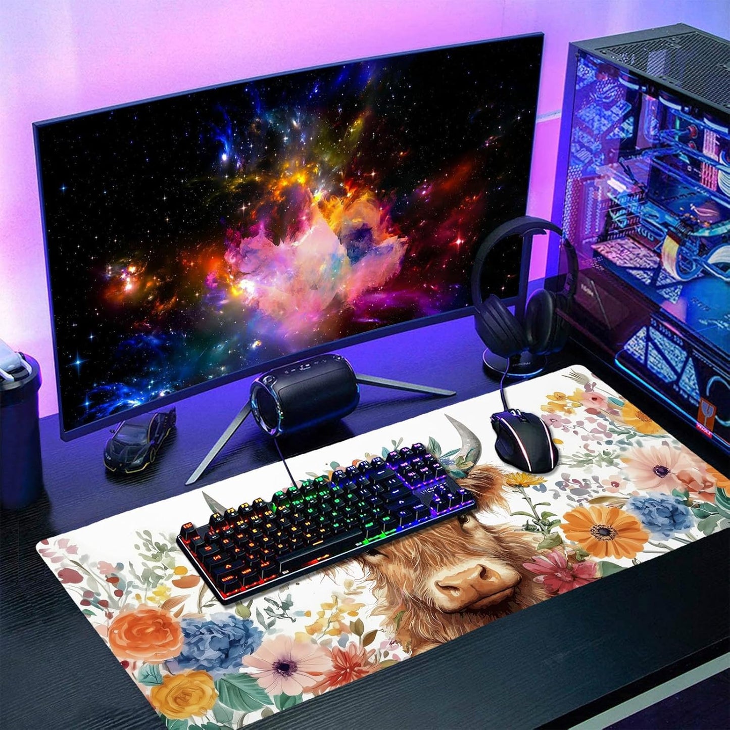 Aesthetic Highland Cow Gaming Mouse Pad XXL Cow Print Blue Orange Floral Extended Large Mat Mousepad Desk Pad Non-Slip Rubber Base Stitched Edge Flower Keyboard Pad Playmat for Computer,35.4×15.7 in