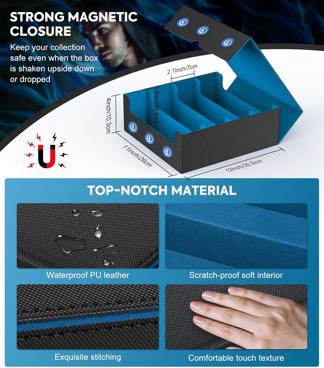 MoKo Trading Card Storage Box, 3000+ MTG Deck Box with 24 Colorful Dividers & 4 Card Supporters, Commander Card Deck Case Fits for Magic Game Cards, YugiOh, TCG, PTG and Sport Cards, Cyan