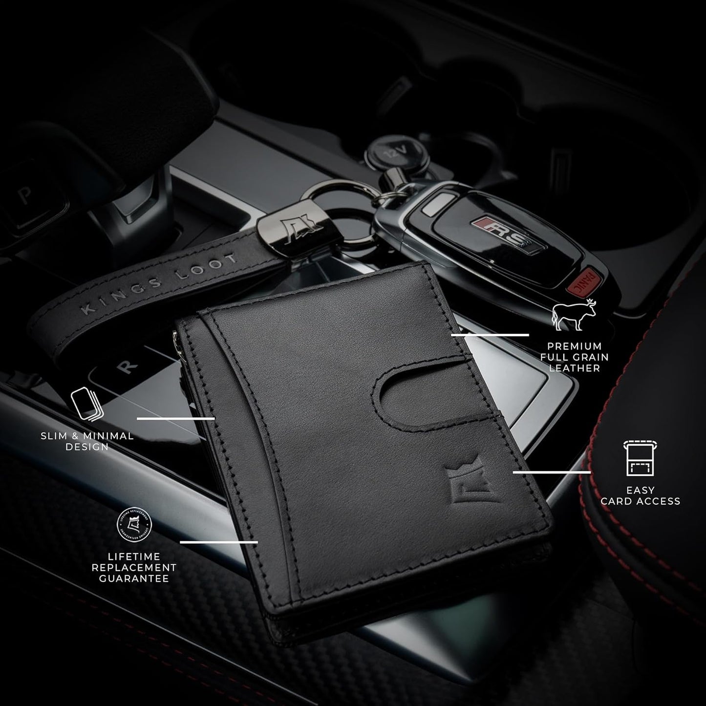 Kings Loot Money Clip Slim Minimalist Wallet for Men – RFID Blocking Leather Design with Money Clip – Front Pocket Bifold Holds 12 Cards – Stylish & Compact Wallets (Black)