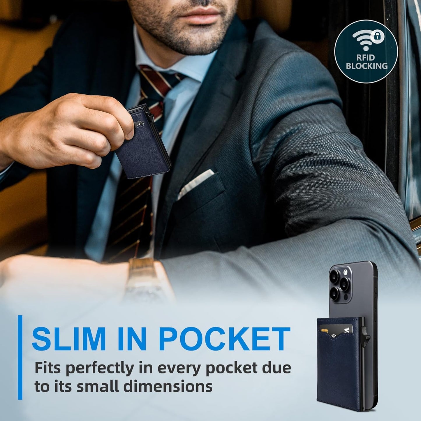 Wallet for Men,with Cash Pocket 2 ID Window 9-13 Cards,Metal Case Smart Slim Pop Up Credit Card Holder Flip with Magnetic Closure RFID Blocking Trifold wallet with Gift Box