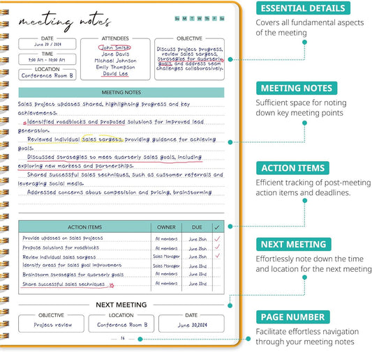 Taja Meeting Notebook for Work Organization - Work notebook with action items, Meeting Minutes Planner Notebook, Perfect Office Supplies for Men & Women - Yellow