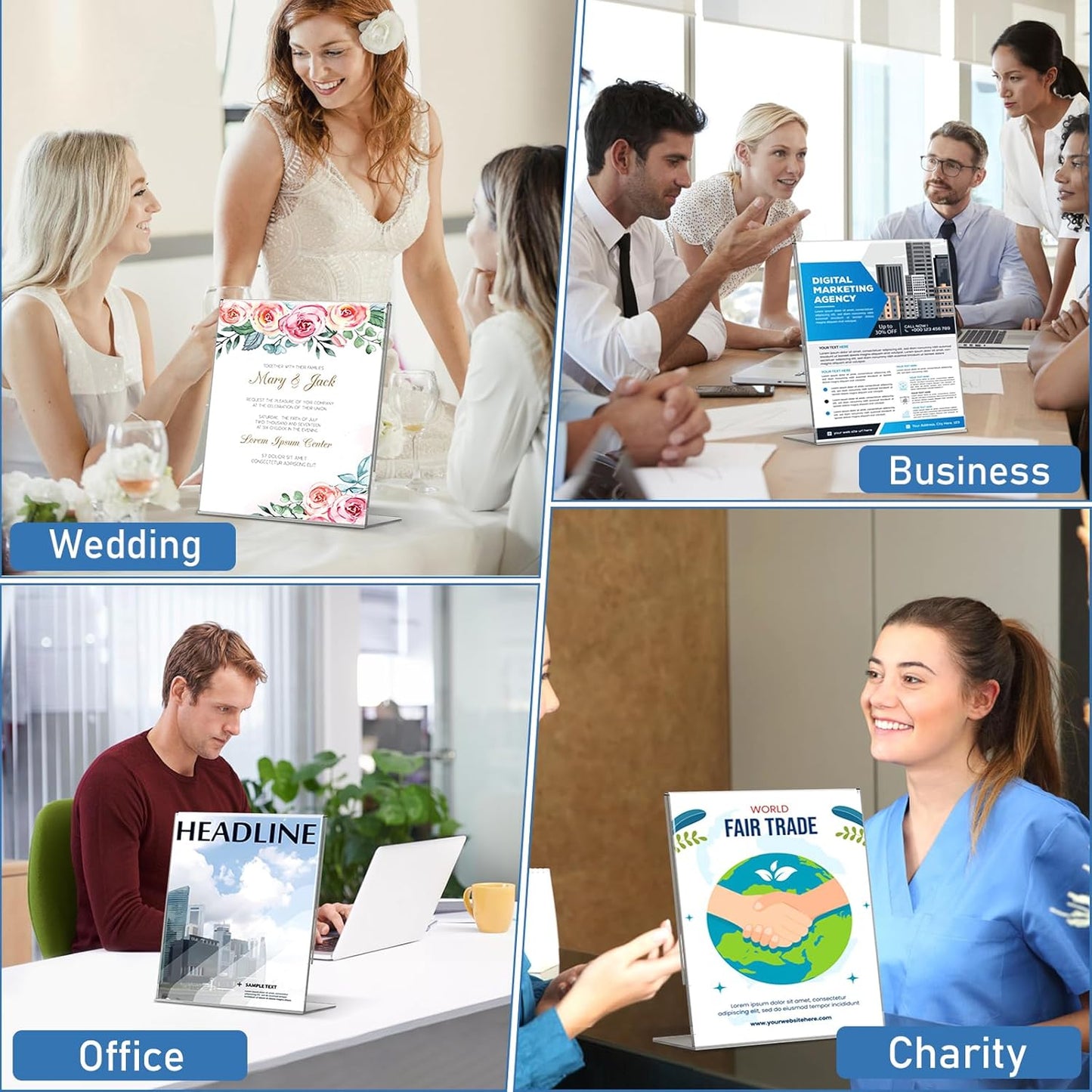 Acrylic Sign Holder 8.5x11 Inches, 10 Pack Clear Plastic Table Flyer Display Stand, L-Shape Vertical Menu Paper Holder Stand, Clear Picture Photo Flyer Display Stand for Restaurants, Store Fair,Office