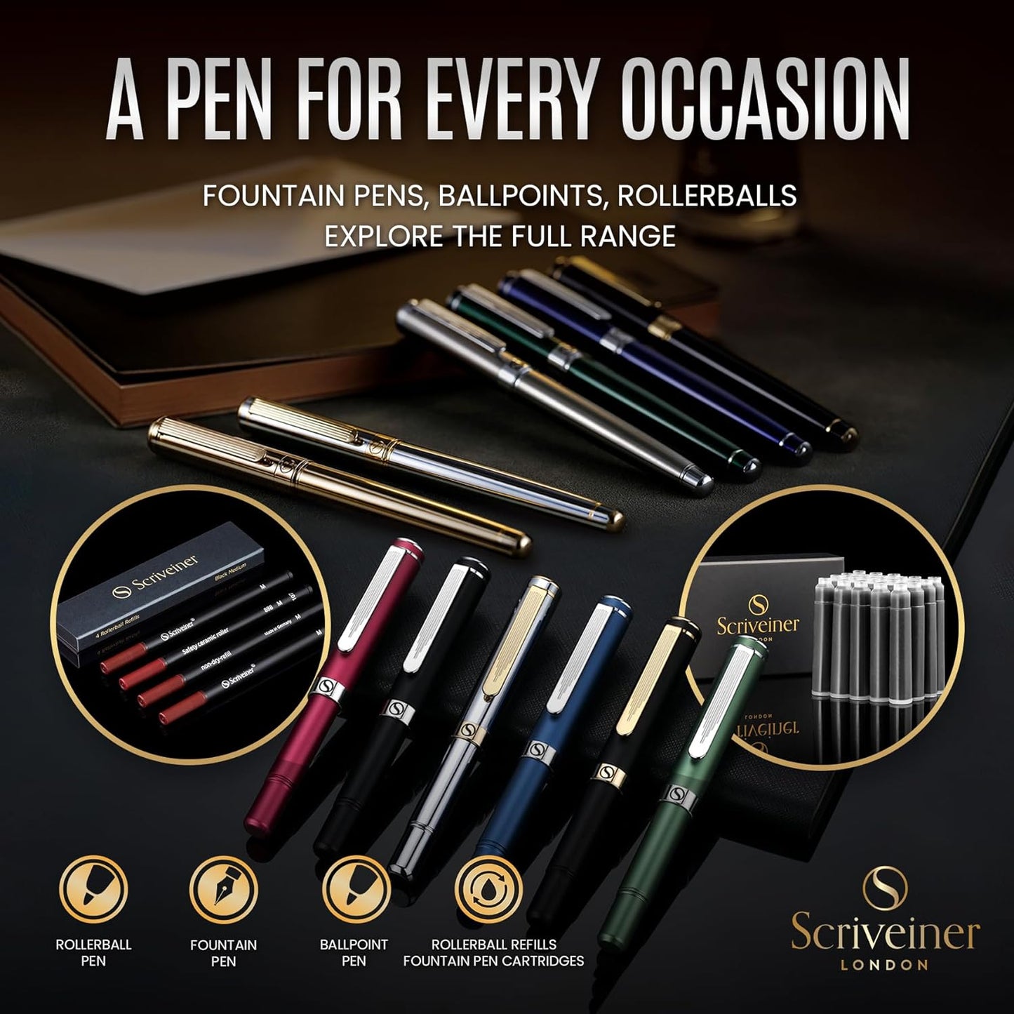 Scriveiner Deep Crimson Red Fountain Pen - Stunning Luxury Pen with Chrome Finish, Schmidt Nib (Medium), Best Pen Gift Set for Men & Women, Professional, Executive, Office, Nice Pens