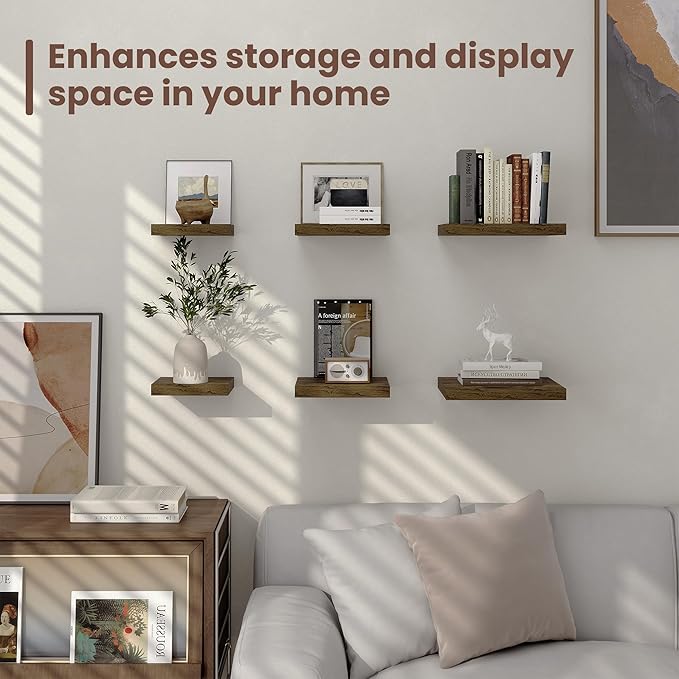 Fun Memories Square Floating Shelves for Wall - 12 Inch Deep Floating Shelves with Invisible Brackets, Brown Small Wall Shelf for Living Room, Bathroom, Bedroom, and Kitchen Decor,Set of 4
