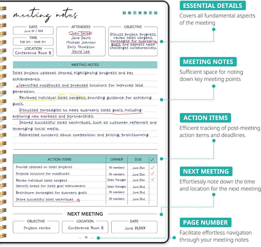 Taja Meeting Notebook for Work Organization - Work notebook with action items, Meeting Minutes Planner Notebook, Perfect Office Supplies for Men & Women - Black