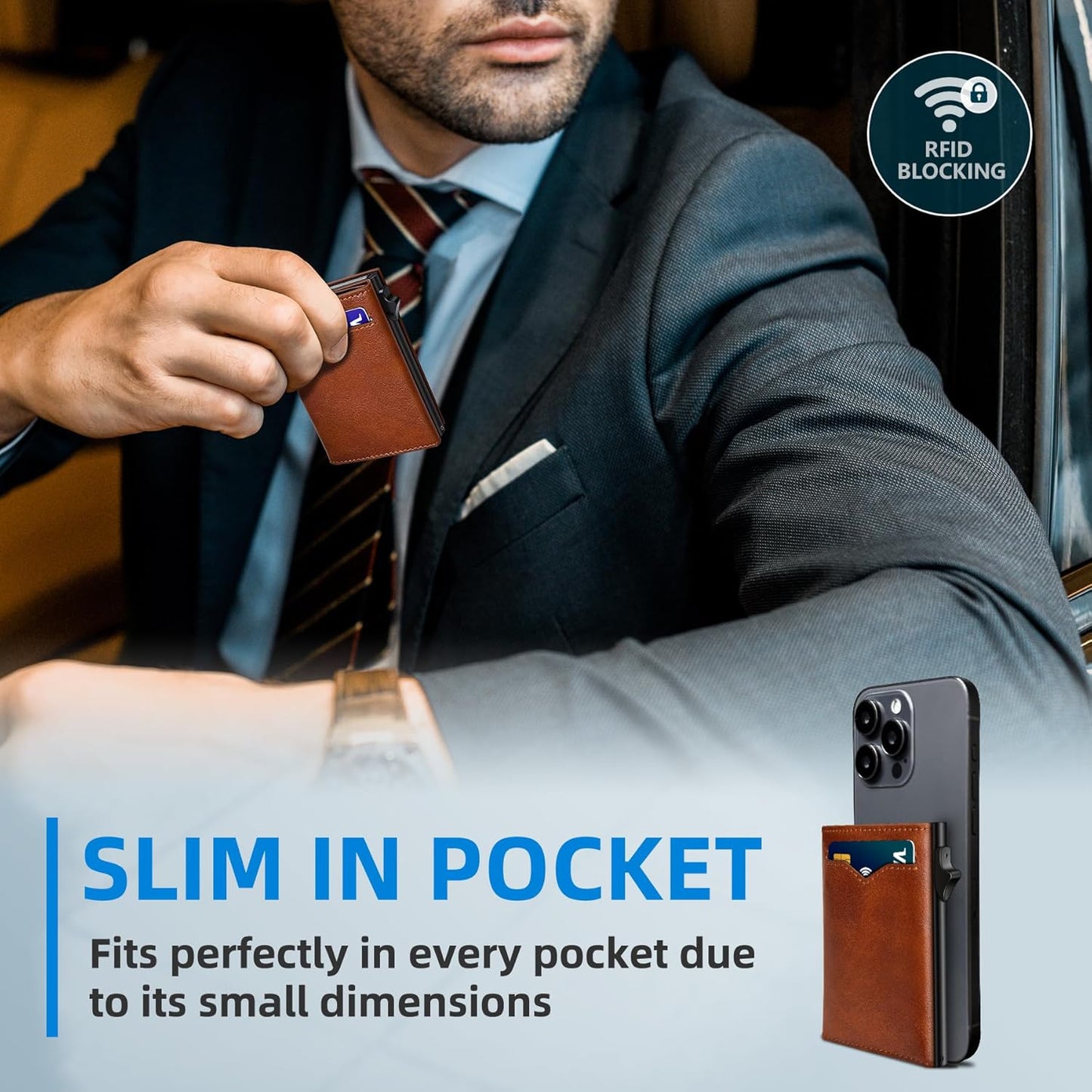 Wallet for Men,with Cash Pocket 2 ID Window 9-13 Cards,Metal Case Smart Slim Pop Up Credit Card Holder Flip with Magnetic Closure RFID Blocking Trifold wallet with Gift Box