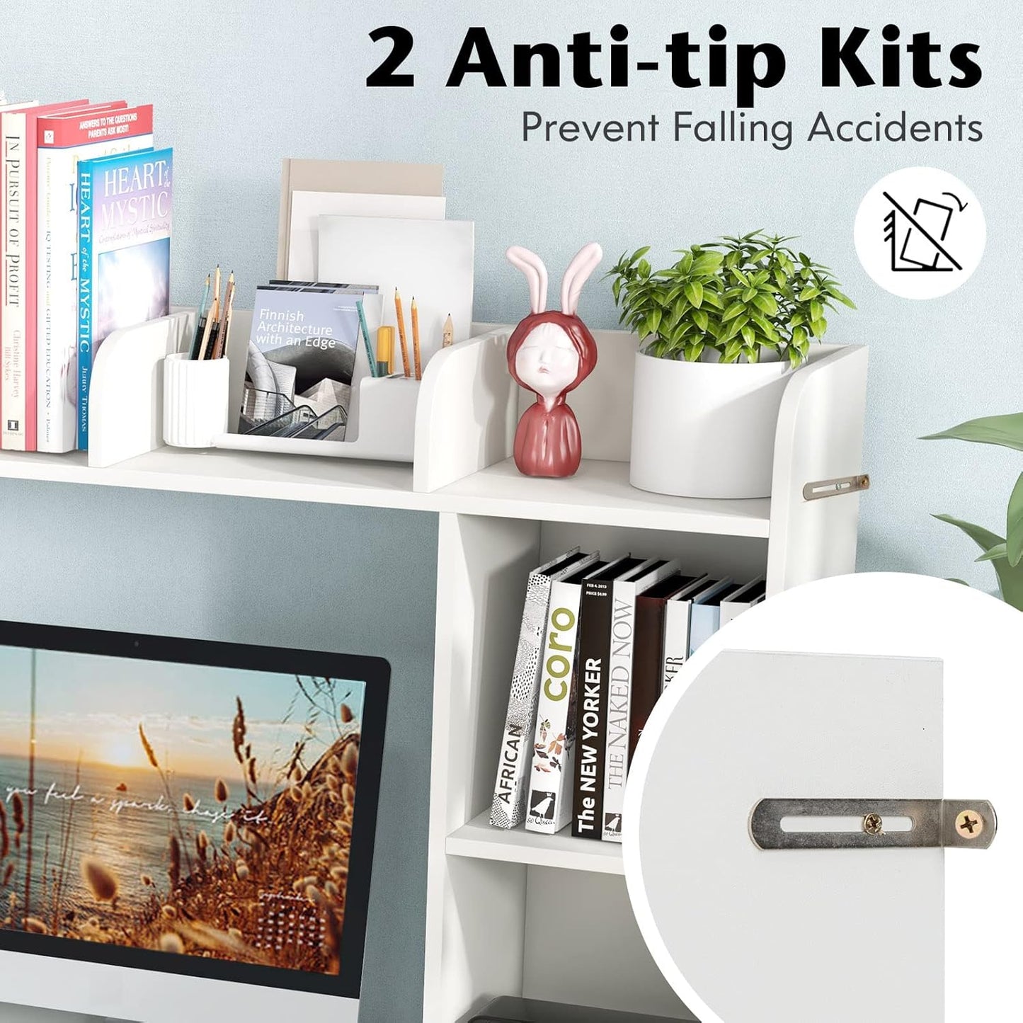 Tangkula Desktop Bookshelf, Countertop Storage Hutch with 5 Shelves for Computer Desk, Desk 3-Tier Display Rack, Multipurpose Wood Desktop Hutch Storage Organizer for Dorm Office Home