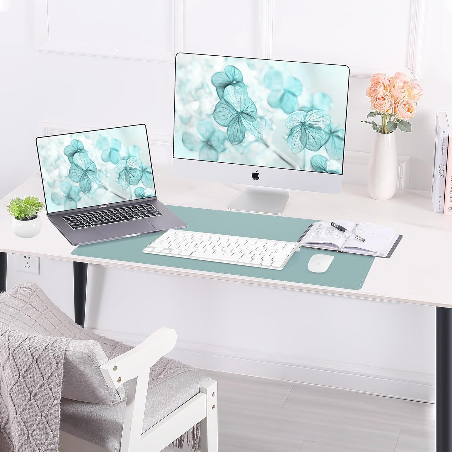 AFIING Dual-Sided Desk Pad, Natural Cork & PU Leather, Desk Mat Protector Non-Slip, Waterproof, Easy Clean,Large Mouse mats for Office and Home Work(Light Blue, 31.5"x17")