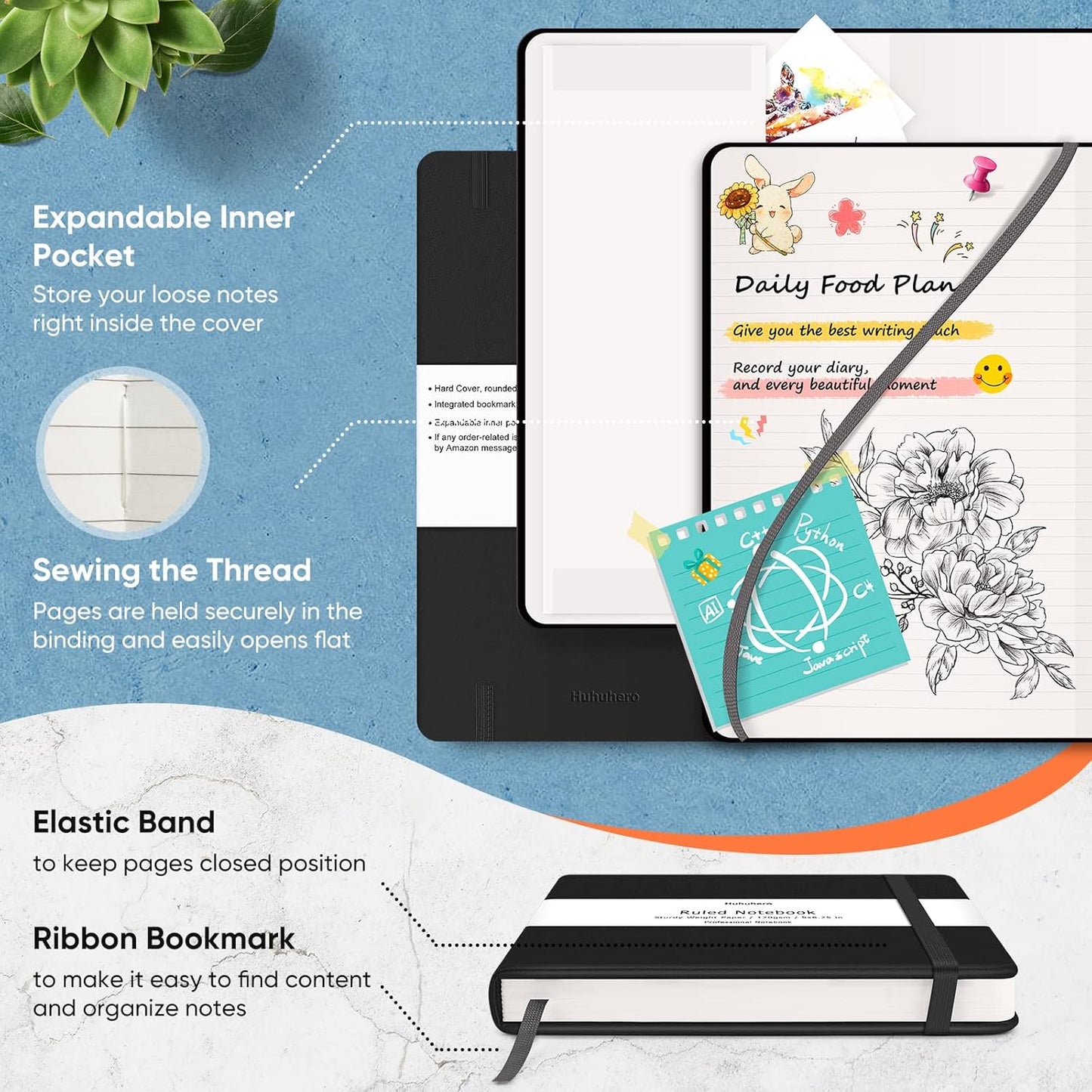 Huhuhero Notebooks Journal, Ruled Notebook, Premium Thick Paper Lined Journal, Black Hardcover Notebook for Office Home School Business Writing Note Taking Journaling, 5"×8.25" (6, Black)