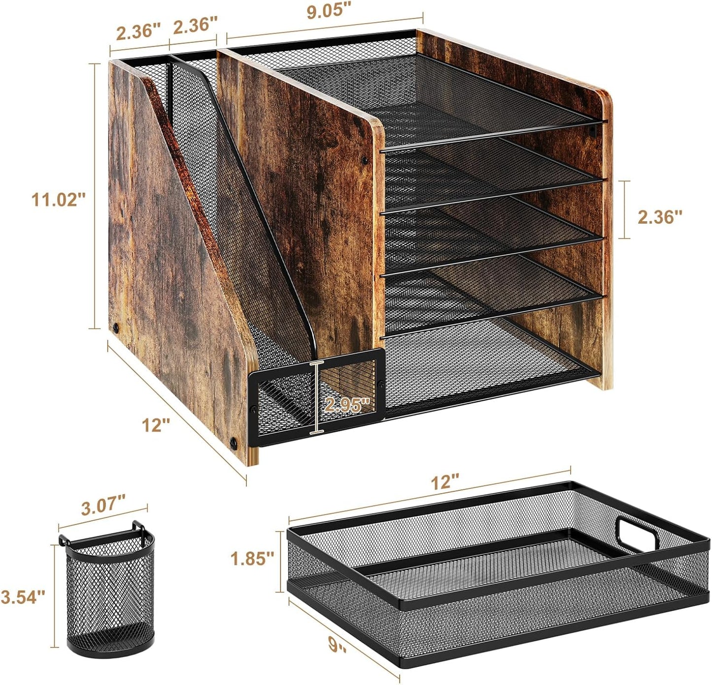 Marbrasse Desk Organizer with File Holder, 5-Tier Paper Letter Tray Organizer with Drawer and 2 Pen Holder, Mesh Desktop Organizer and Storage with Magazine Holder for Office Supplies (Wood-Brown)