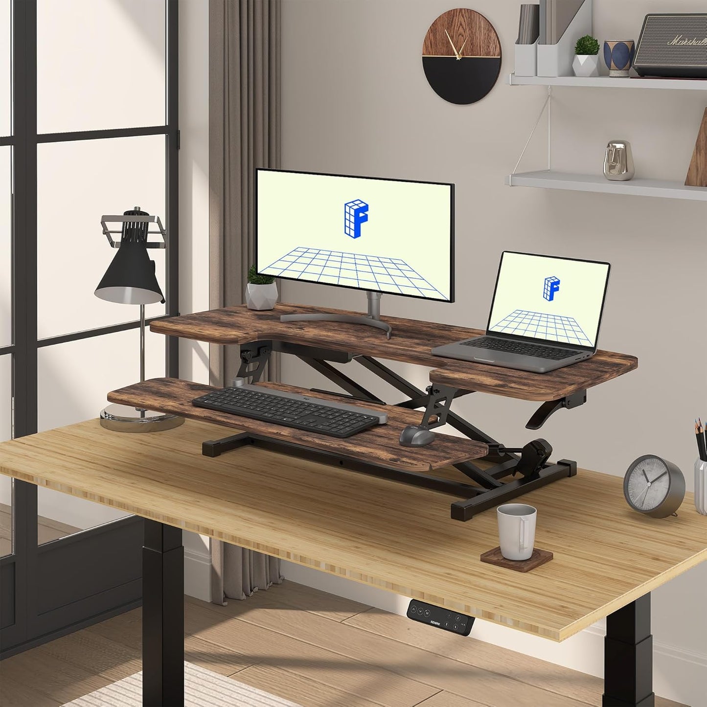 FLEXISPOT Height Adjustable Standing Desk Converter 42" Sit-to-Stand Desk Riser with Wide Keyboard Tray Workstation for Home and Office, Rustic Color (Rustic Brown, 42")