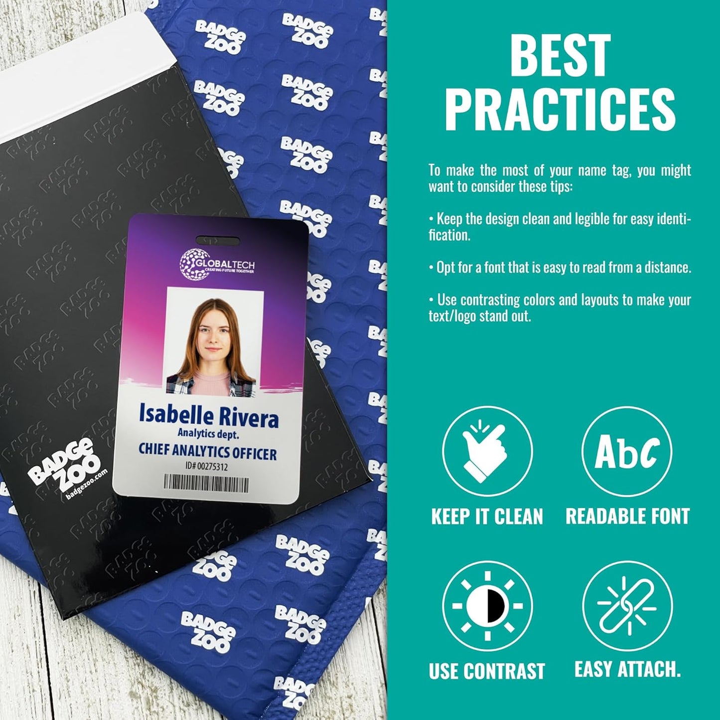 Custom Print Employee ID Badge, Double Sided with Name, Photo, Logo, and Barcode – Unique Photo ID Card Solution (ID Horizontal)