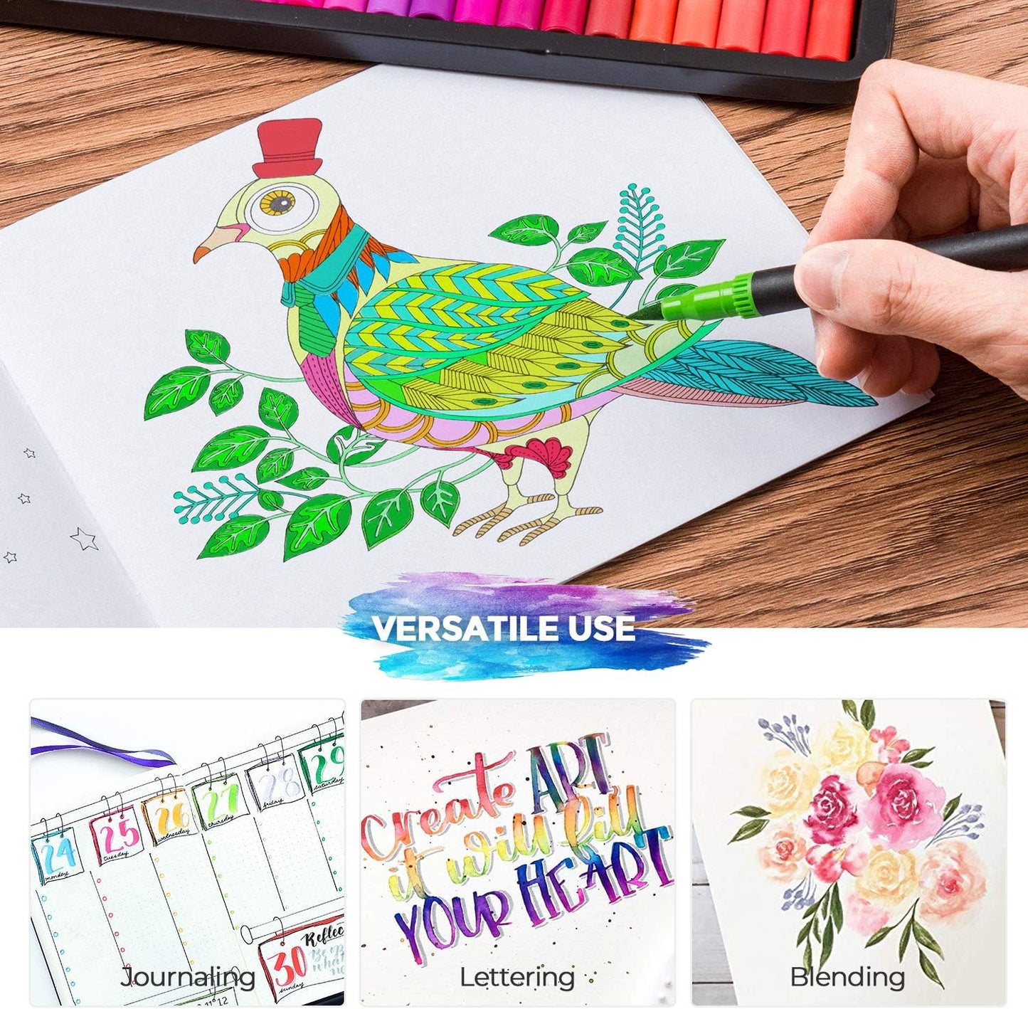 Mogyann Markers for Adult 100 Colors Dual Tip Pens with Fine and Brush Tip for Coloring and Calligraphy Drawing