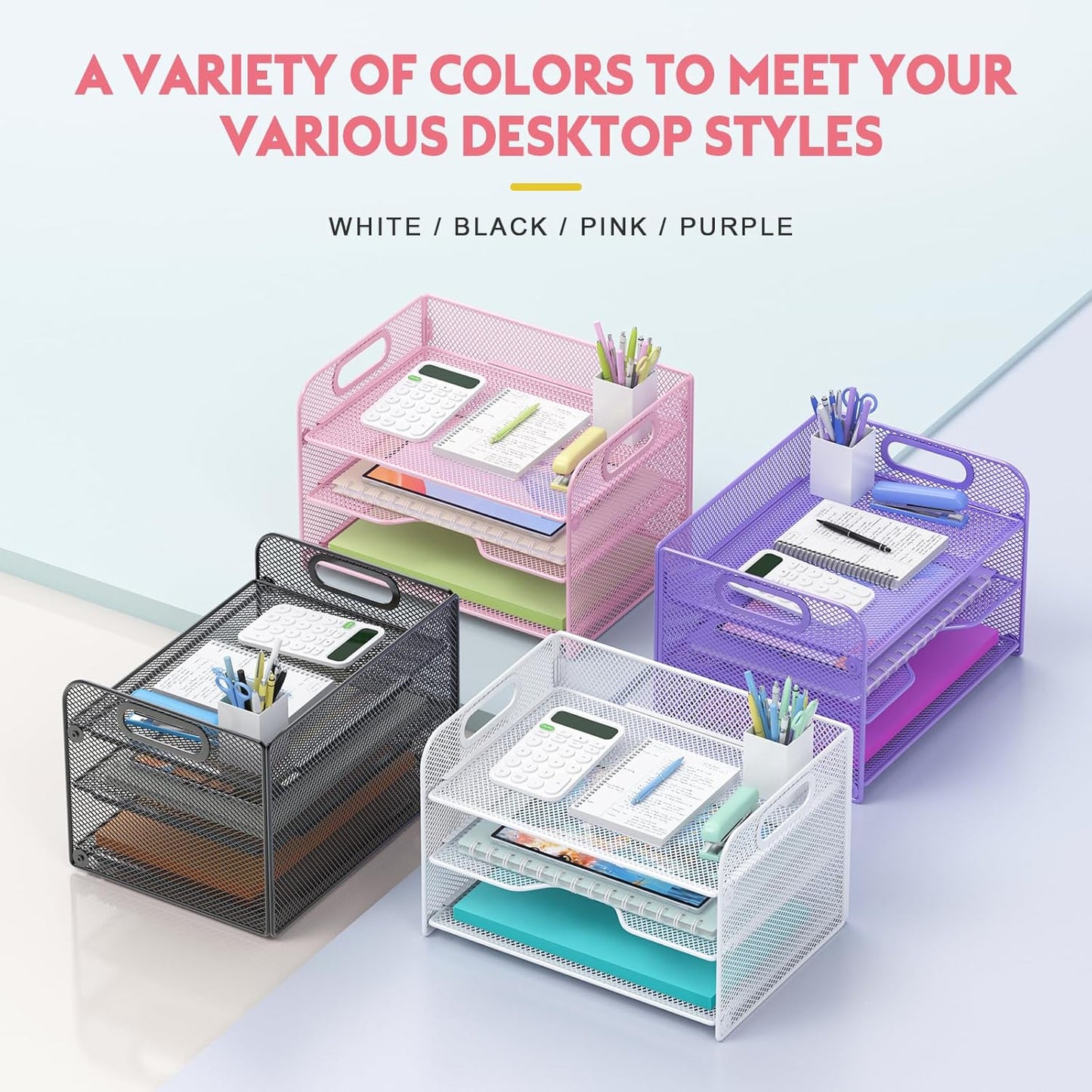 Samstar 3 Tier Pink Letter Tray Paper Organizer with Handle, Mesh Desk Organizer Paper Sorter File Rack Shelves, Pink