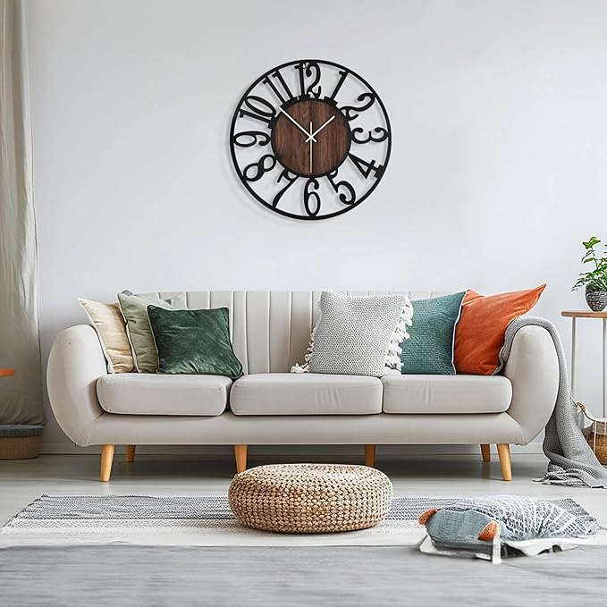 Maxstar Large Round Wall Clock for Living Room Decor Battery Operated Non Ticking Black Metal Wood Clocks for Home Living Room Garden Farmhouse Office Kitchen Decoration -32 inch