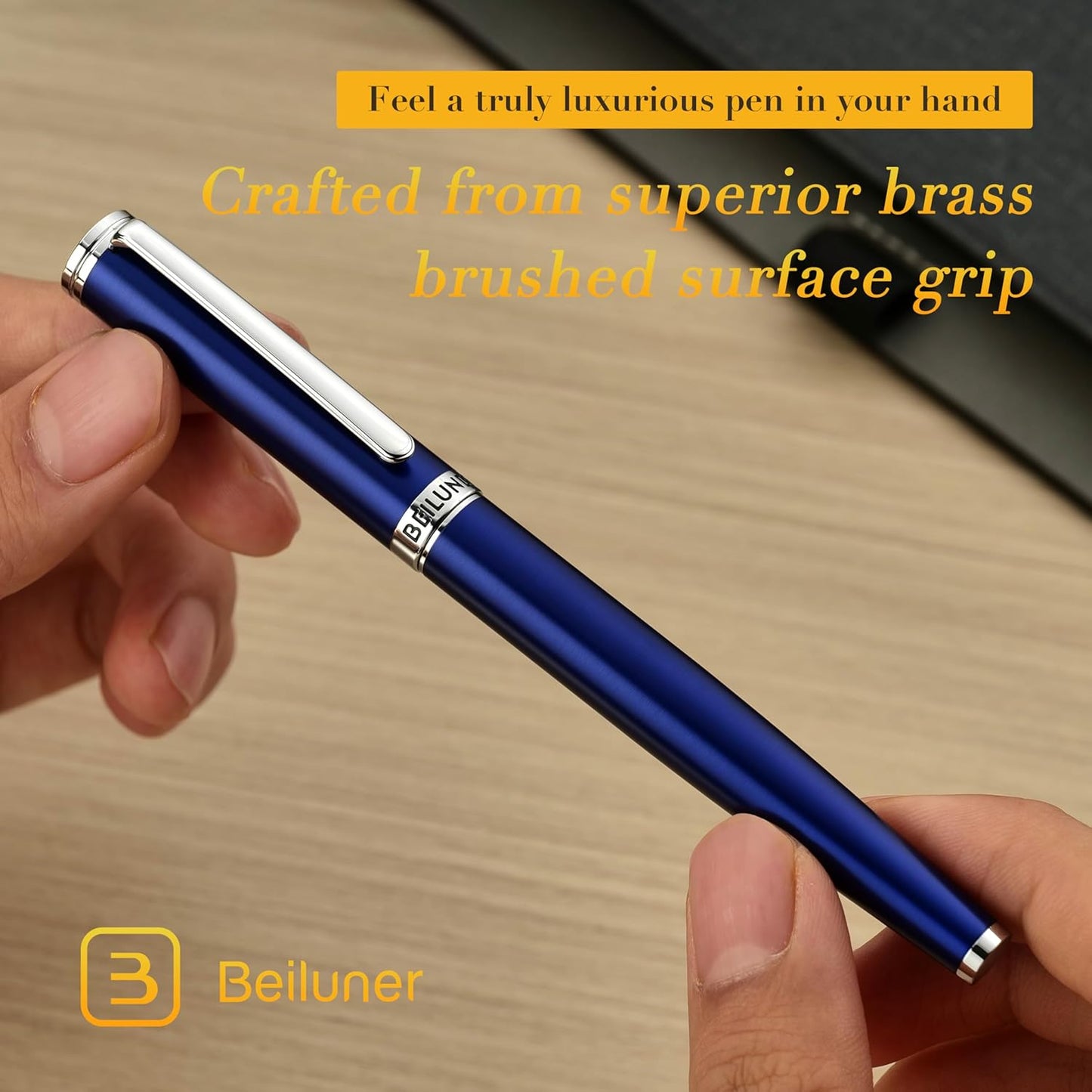 BEILUNER Luxury Fountain Pen Set,Solid 24K Gilded Medium Nib, Modern Classic Limited Edition -Includes 6 Ink Cartridges&Ink Refill Converter with Gift Case-Perfect for Men and Women(Charming blue)