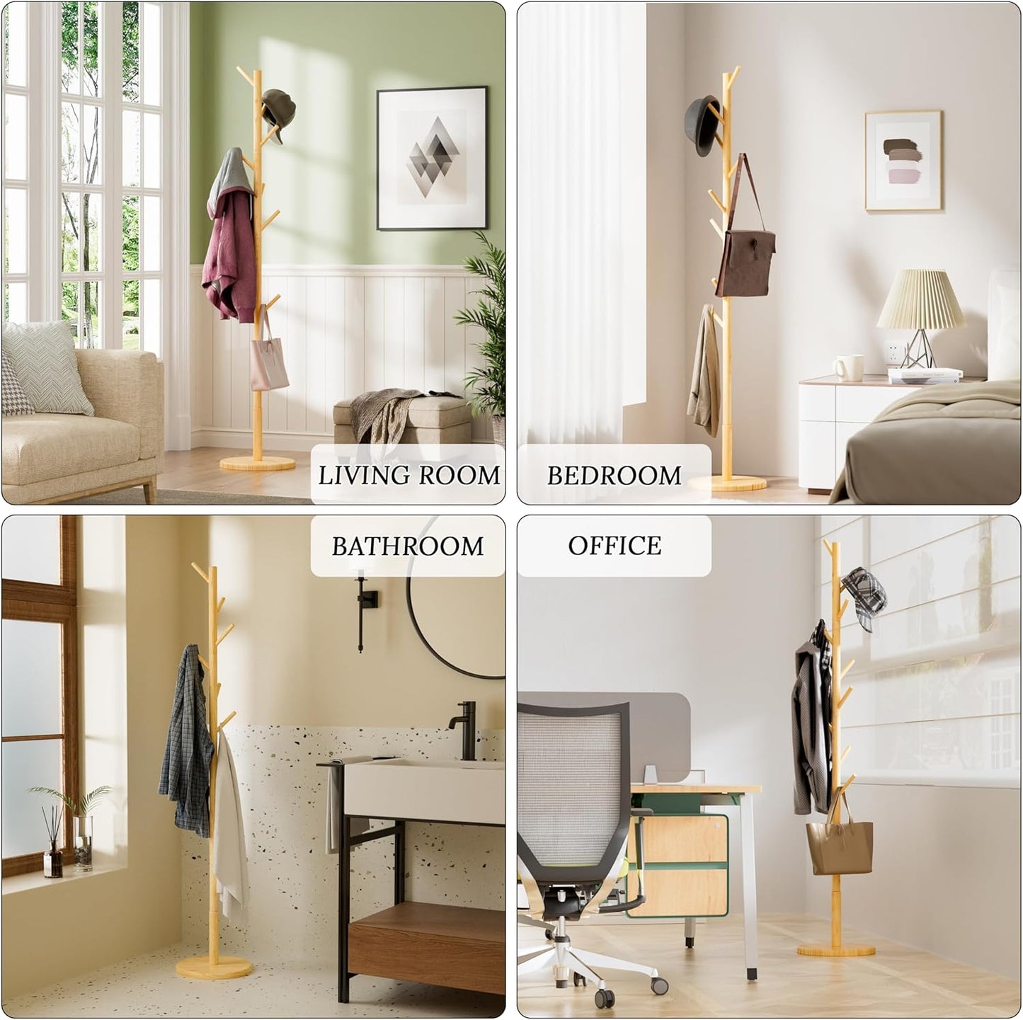 Wooden Coat Rack Freestanding with Round Base, Adjustable 4 Heights Sturdy Coat Hanger Stand 9 Hooks for Hanging Bags, Hats, Save Space Coat Tree for Narrow Place, Entryway, Bedroom, Office (Natural)
