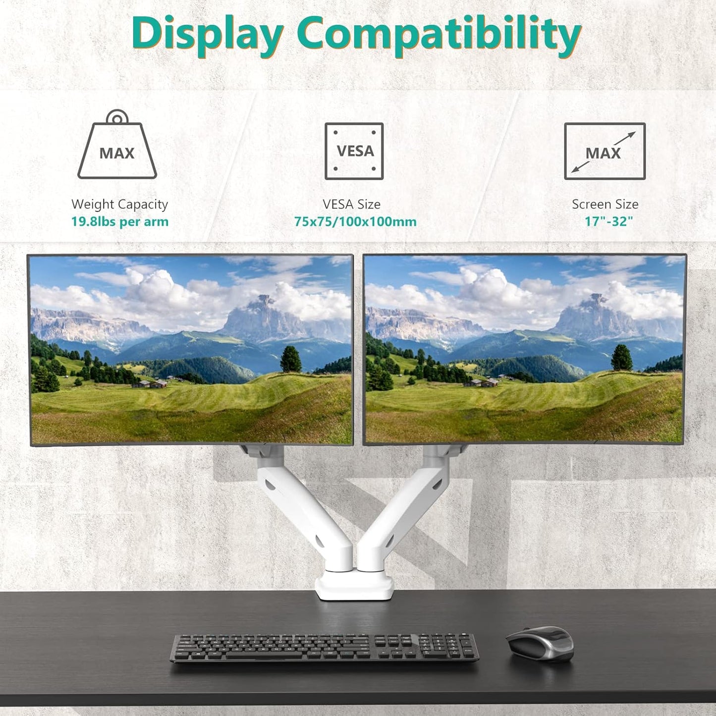 WALI Dual Monitor Stand, Adjustable Gas Spring Arm Monitor Mount for 2 Monitors up to 32 Inch,19.8lbs Capacity (GSMP002W), White by WALI