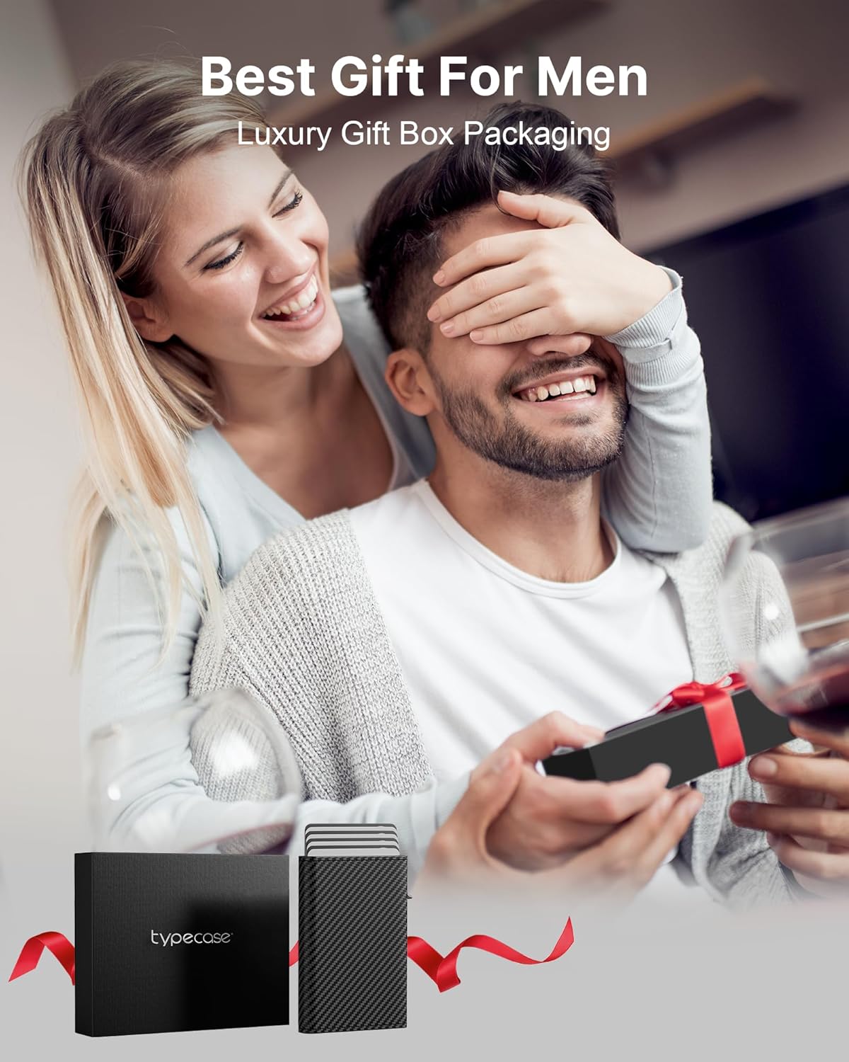 typecase Mens Wallet Card Holder: Pop Up Aluminum Case, Genuine Leather, Smart, RFID Blocking, Slim, Minimalist, Front Pocket - 9-14 Card Capacity | ID Window | Cash Slot (Carbon Fiber Navy)