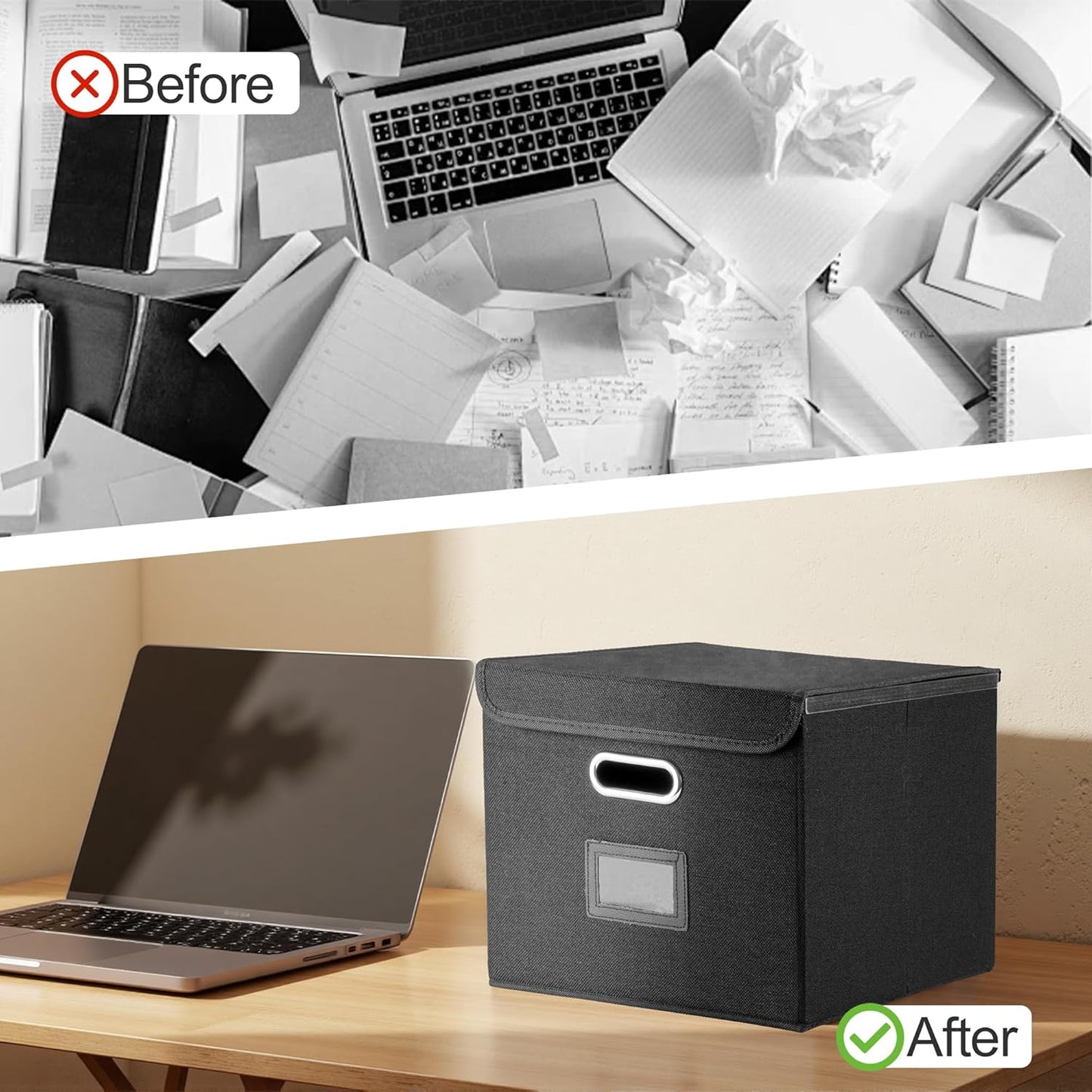 File Organizer Box, Linen Filing Organizer with Lid, Large Desktop File Boxes, Black,2 Pack