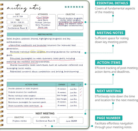 Taja Meeting Notebook for Work Organization - Work notebook with action items, Meeting Minutes Planner Notebook, Perfect Office Supplies for Men & Women - Green
