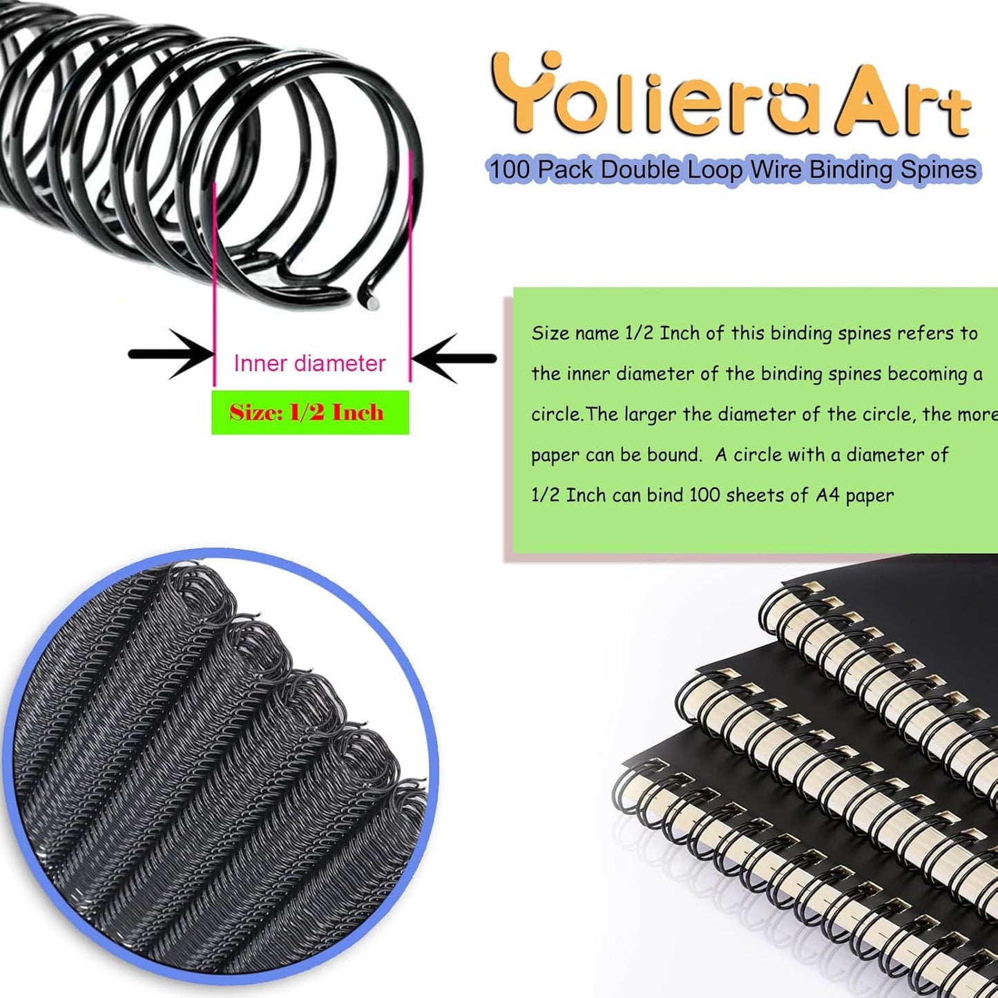1/2 Inch Wire Cinch Book Binding Gold 3:1 Pitch, 100 Pack Double Loop Metal Spiral for Bindings Fit for School Office Notebook Maker, YolieraArt Office Products Binding Combs 100 Sheet Capacity