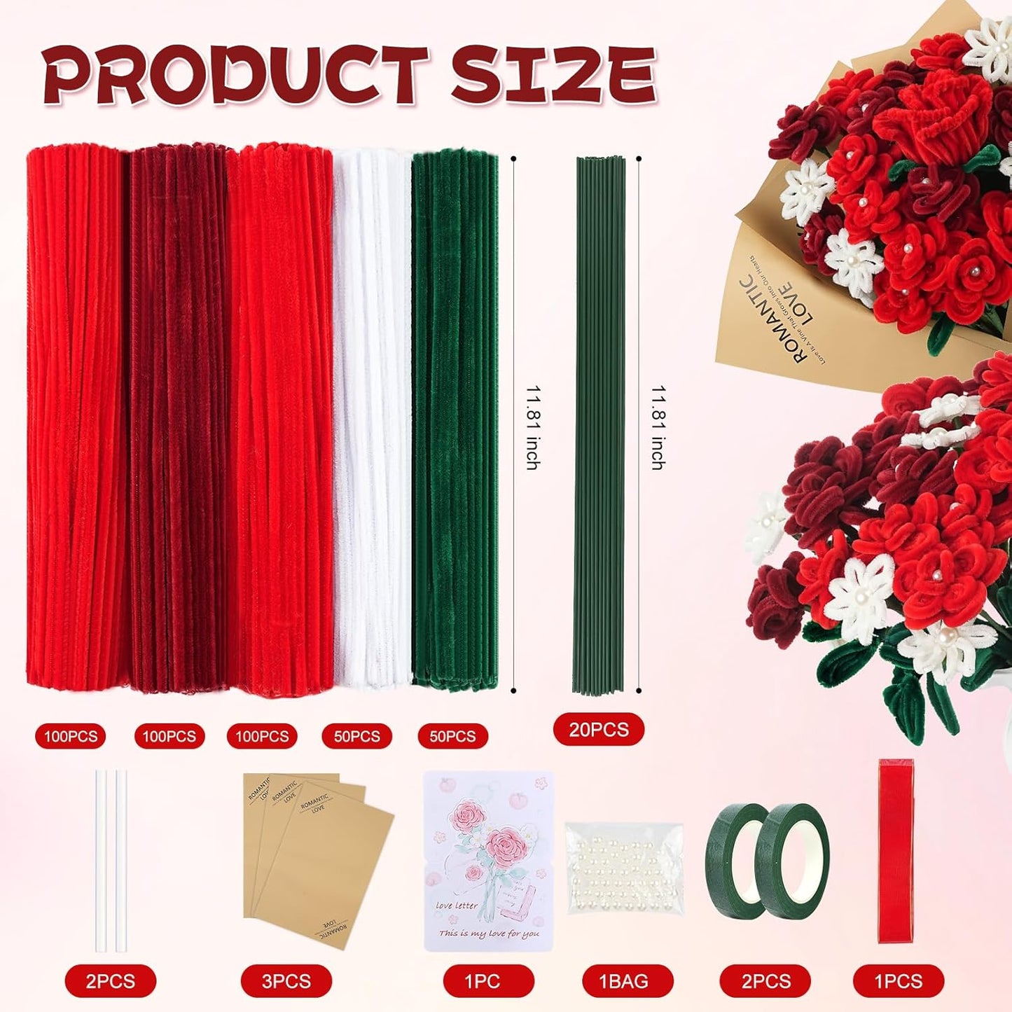 400 Pcs Red Pipe Cleaners for Crafts, 4 Colors Chenille Stems Bulk with Floral Wires, Gardening Tape,Hot Glue Stickļ¼Greeting Card,Bouquet Paper, Pearl & Ribbon, Flowers Craft kit for Christmas