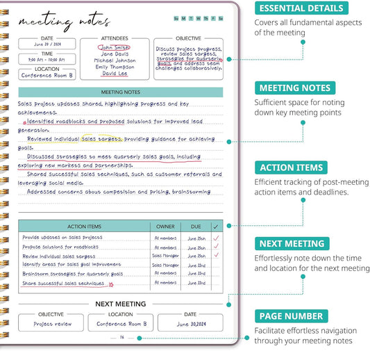 Meeting Notebook for Work Organization - Work notebook with action items, Meeting Minutes Planner Notebook, Perfect Office Supplies for Men & Women - Purple