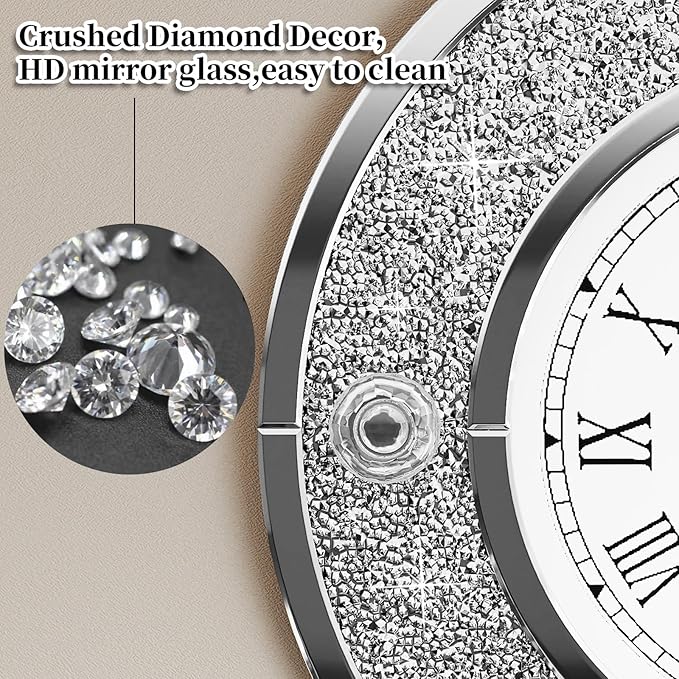 COSVALVE Mirror Wall Clock with Crystal, 20 Inch Large Silver Glass Clock for Wall Living Room, Big Decorative Wall Clock with Crushed Diamond Decor, Luxury Bling Wall Decor