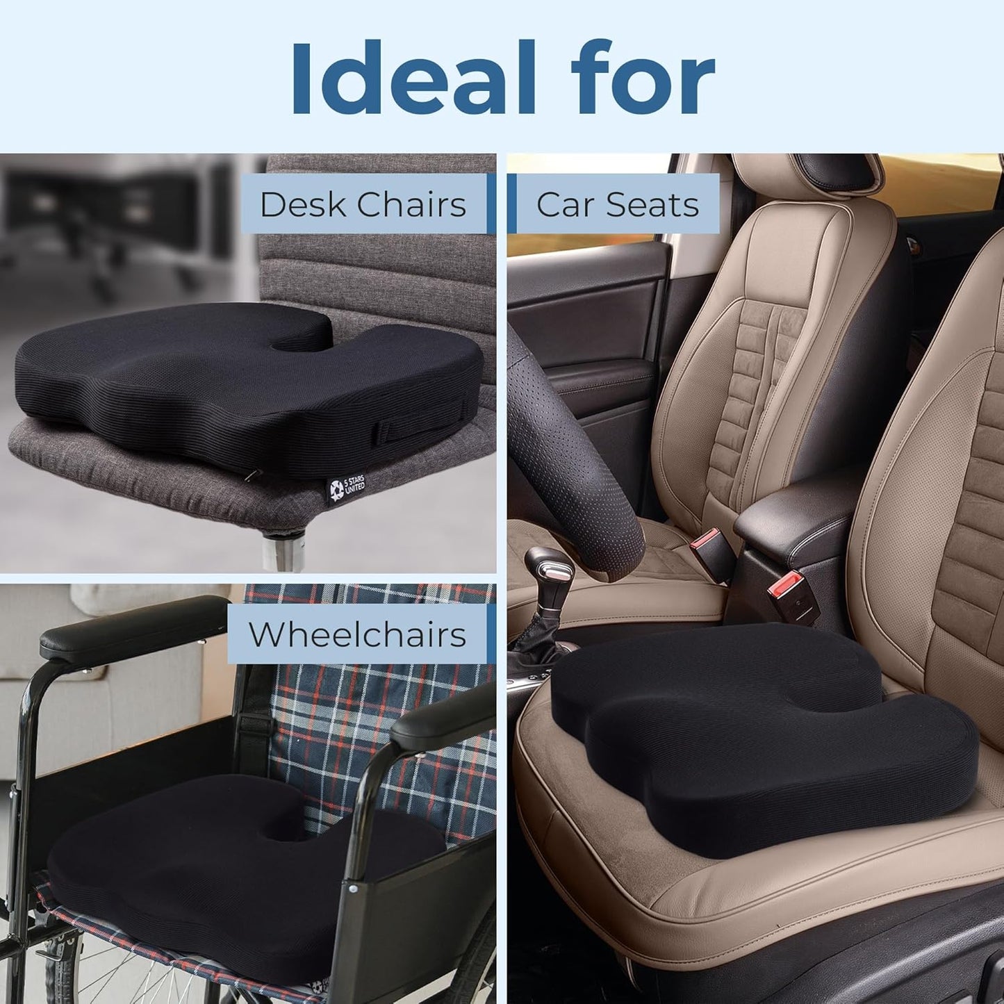 5 STARS UNITED Seat Cushion for Tailbone Pain Relief โ Large Memory Foam Lifting Pillow for Coccyx, Hip, Sciatica & Post-Surgery Recovery โ Wheelchair, Car, Desk, Gaming & Office Chairs, Black