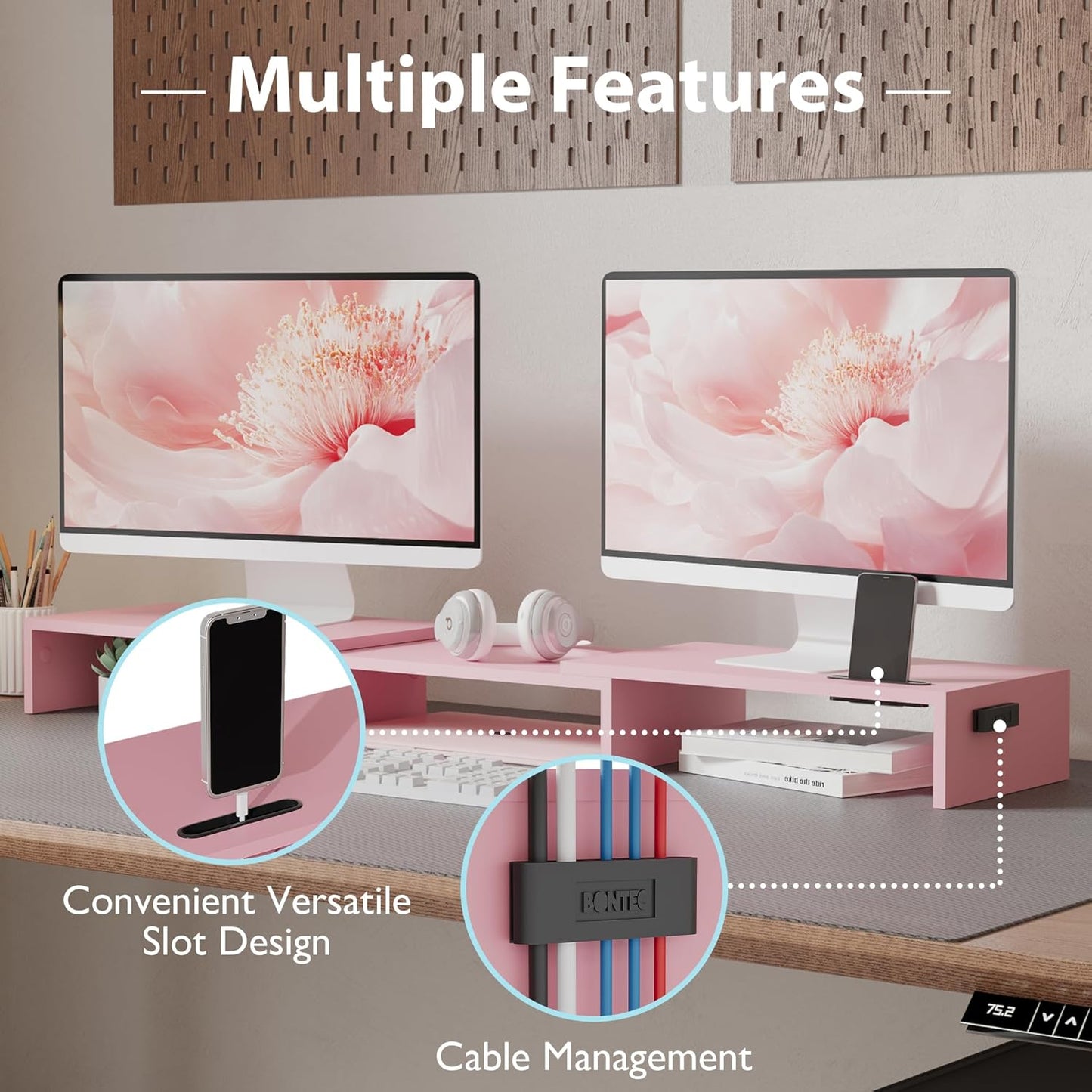 BONTEC Dual Monitor Stand Riser with Smartphone Holder, Adjustable Length & Swivel Angle, Ergonomic Wooden Desktop Organizer for PC Monitor, Laptop, Printer, Large Storage, Pink